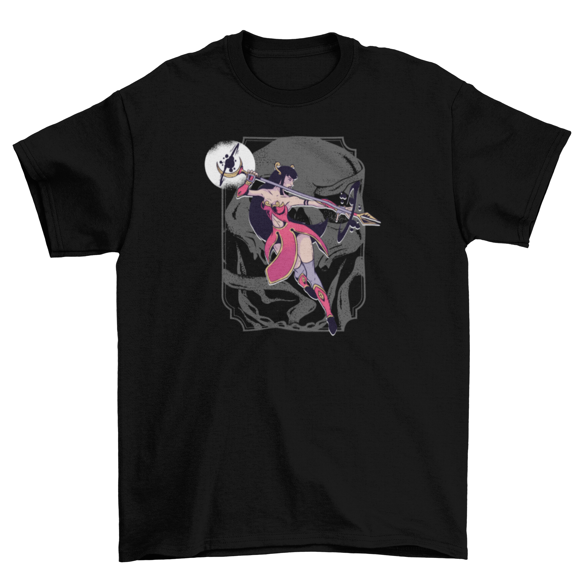 A stylish Mystic Woman T-shirt featuring a mystical woman in a sexy costume holding a magical spear, perfect for casual wear.