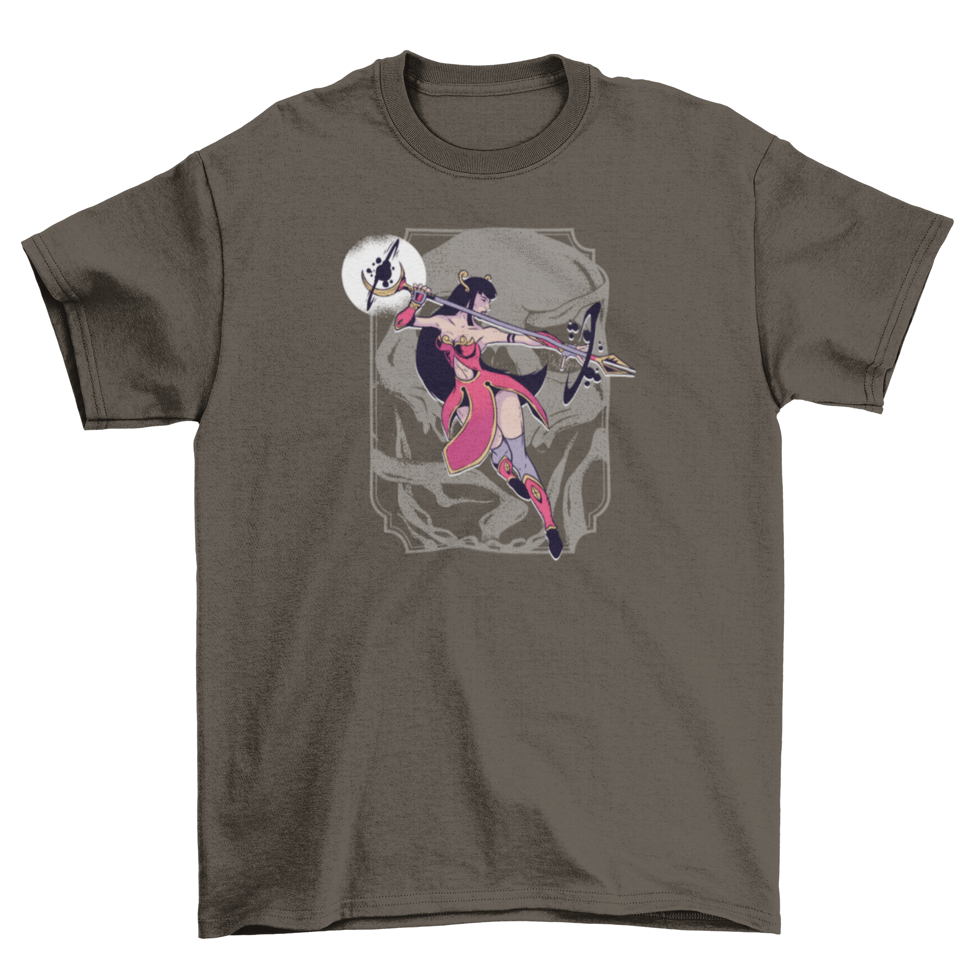 A stylish Mystic Woman T-shirt featuring a mystical woman in a sexy costume holding a magical spear, perfect for casual wear.