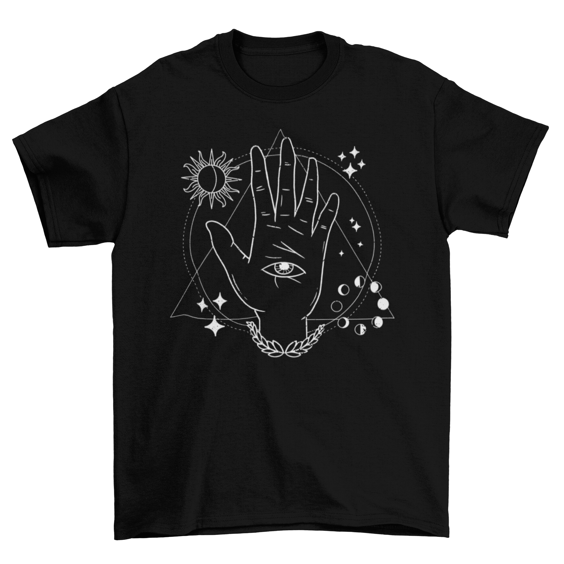 A stylish Mystical Hand Eye T-shirt featuring a detailed illustration of a hand with an eye in its palm, showcasing a blend of art and mysticism.