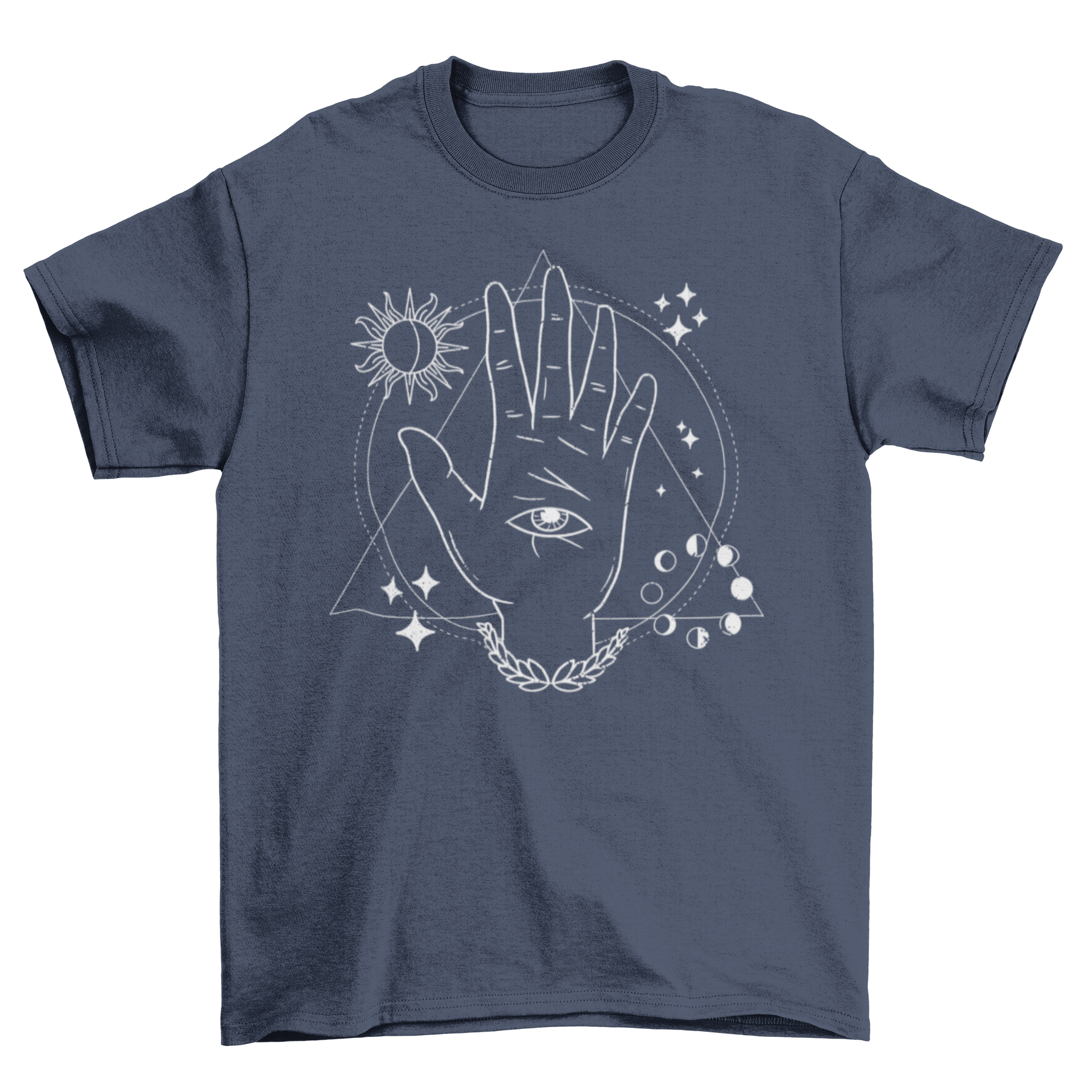 A stylish Mystical Hand Eye T-shirt featuring a detailed illustration of a hand with an eye in its palm, showcasing a blend of art and mysticism.