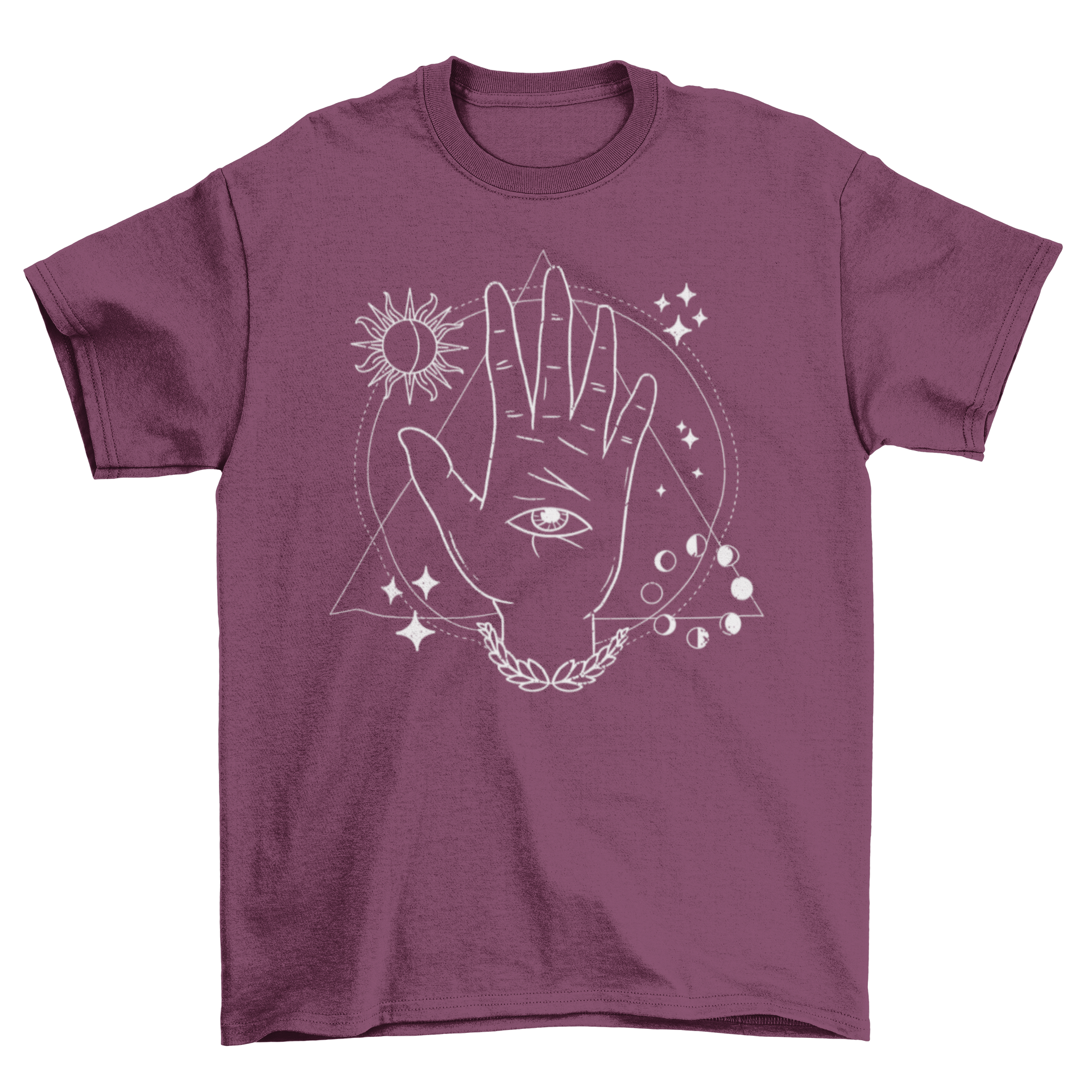 A stylish Mystical Hand Eye T-shirt featuring a detailed illustration of a hand with an eye in its palm, showcasing a blend of art and mysticism.