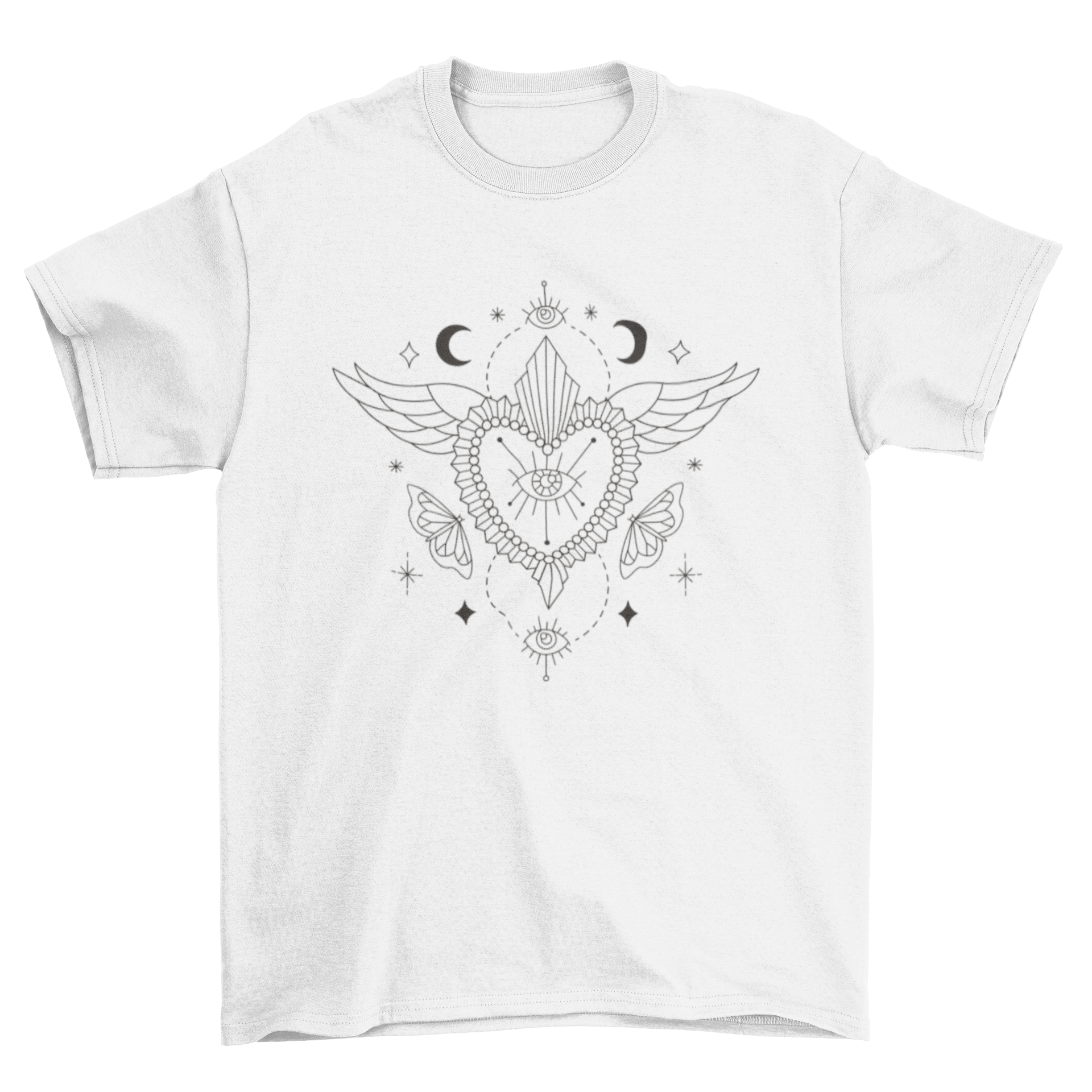 A mystical heart t-shirt design featuring a heart with wings and an eye, showcasing vibrant colors and intricate details.