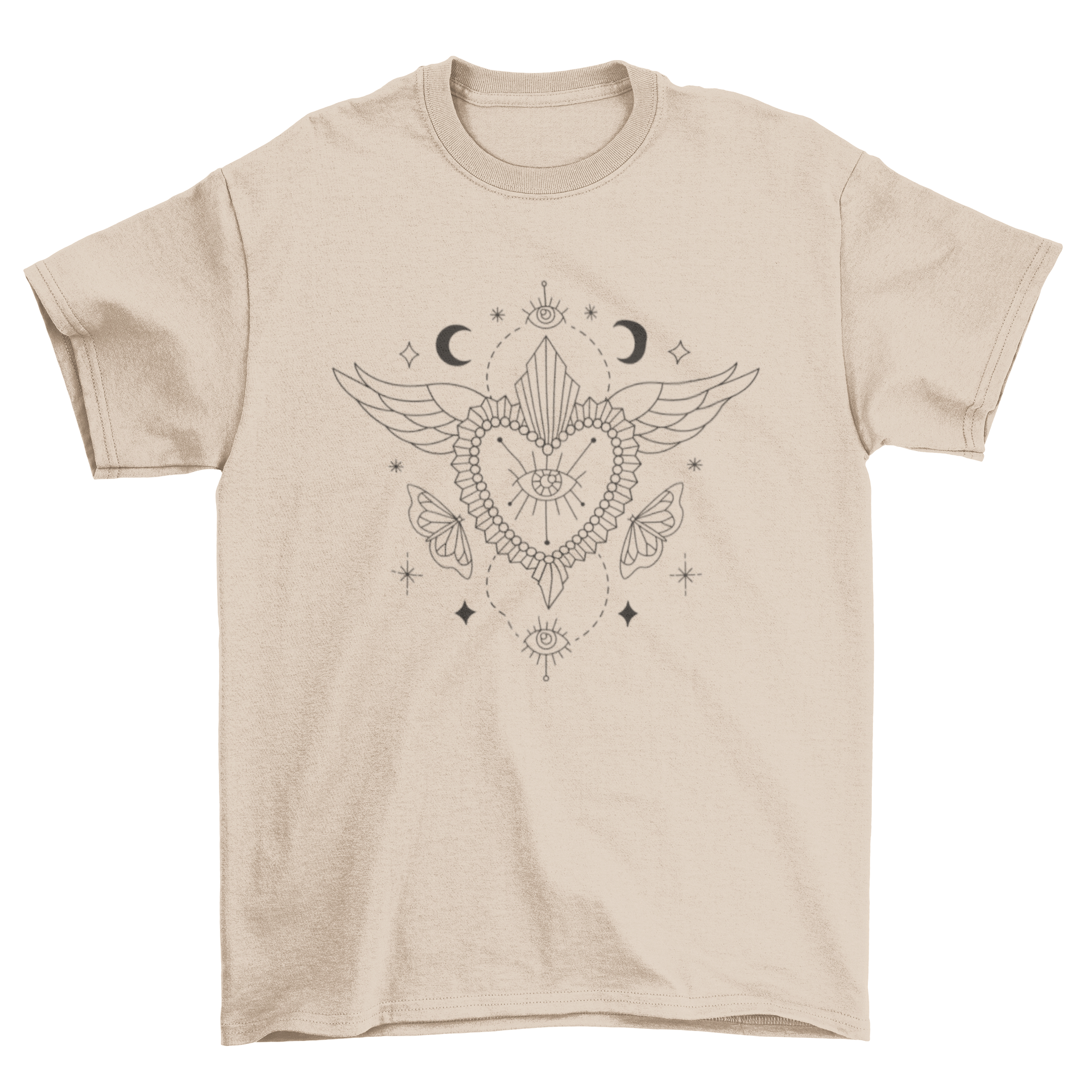 A mystical heart t-shirt design featuring a heart with wings and an eye, showcasing vibrant colors and intricate details.