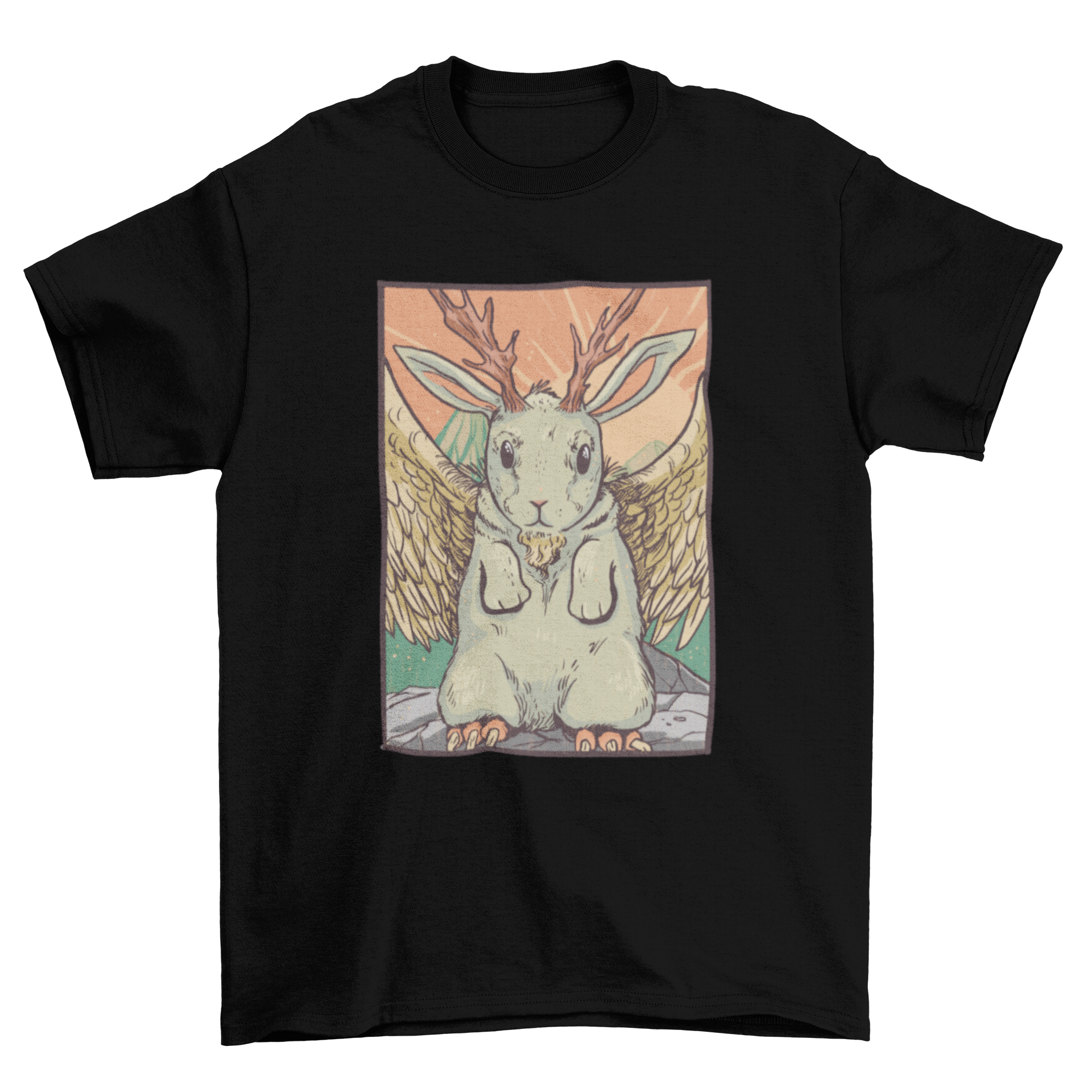 A vibrant t-shirt design featuring the Wolpertinger, a mythical creature combining rabbit, deer, and bird elements.