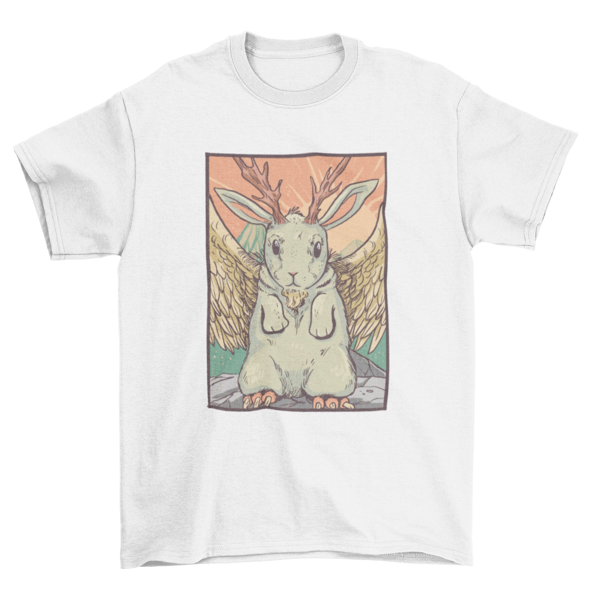 A vibrant t-shirt design featuring the Wolpertinger, a mythical creature combining rabbit, deer, and bird elements.