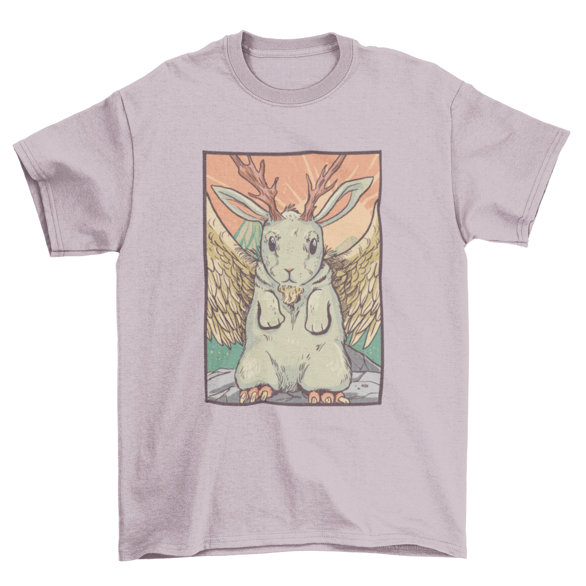 A vibrant t-shirt design featuring the Wolpertinger, a mythical creature combining rabbit, deer, and bird elements.