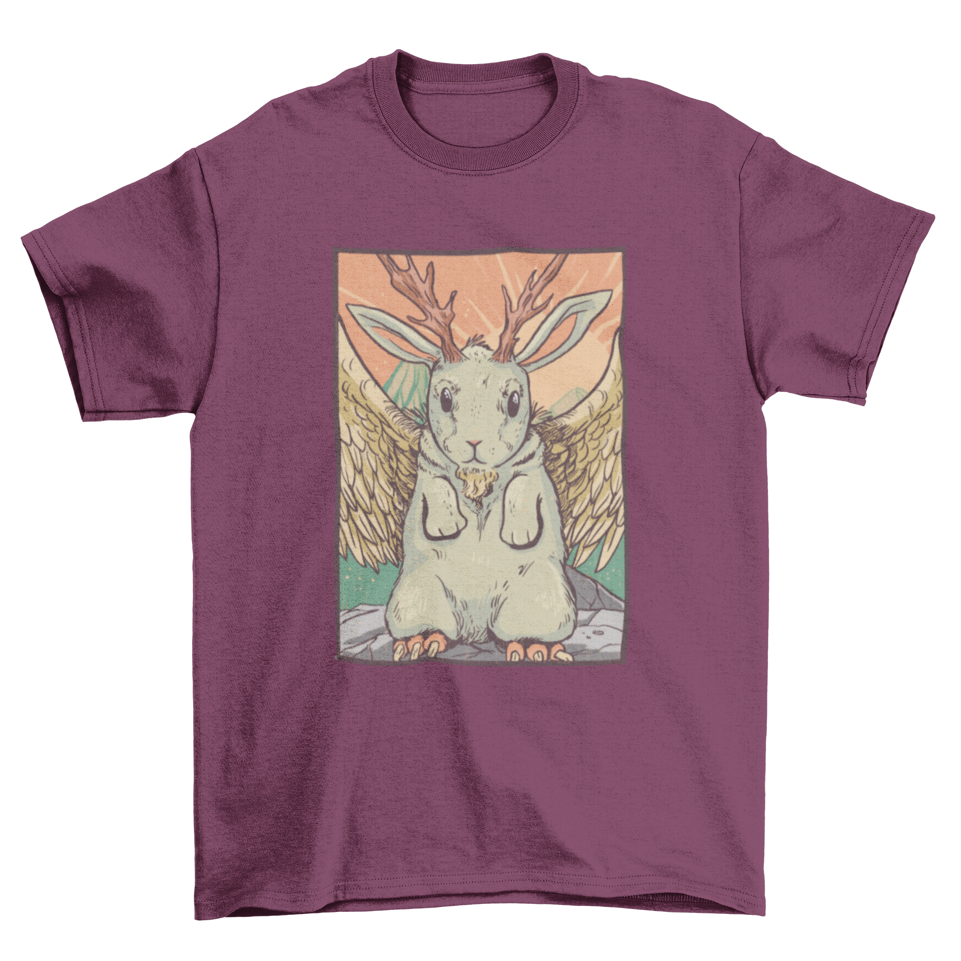 A vibrant t-shirt design featuring the Wolpertinger, a mythical creature combining rabbit, deer, and bird elements.