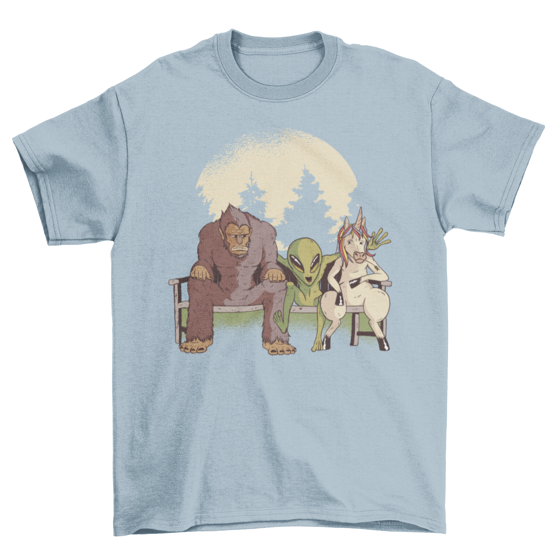 Mythological Creatures T-Shirt featuring BigFoot, an alien, and a unicorn sitting on a park bench, showcasing a fun and whimsical design.