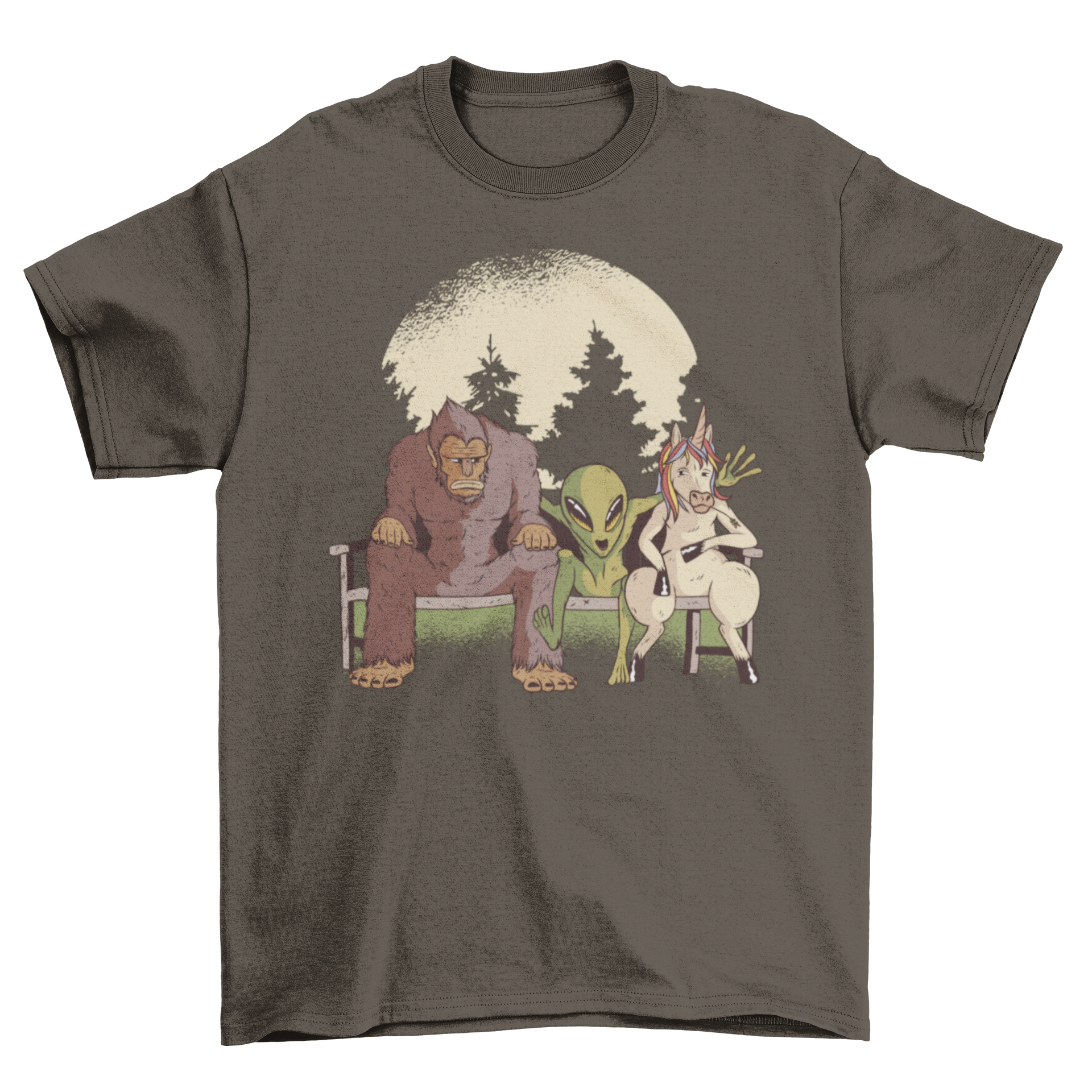 Mythological Creatures T-Shirt featuring BigFoot, an alien, and a unicorn sitting on a park bench, showcasing a fun and whimsical design.