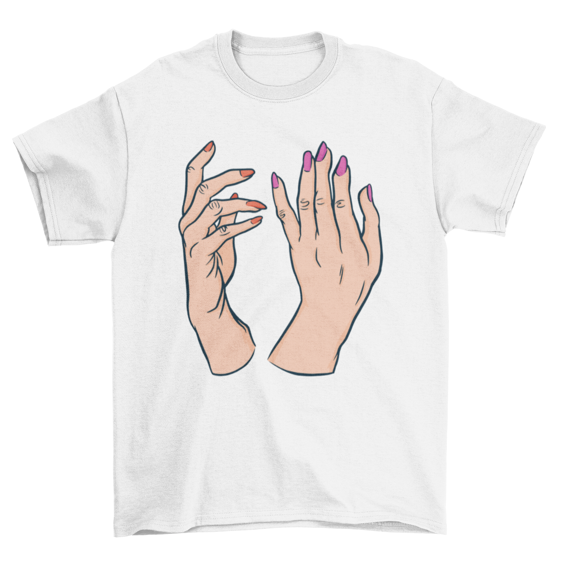 A stylish t-shirt featuring a graphic of two hands with red and pink nail polish, showcasing a trendy nail art design.