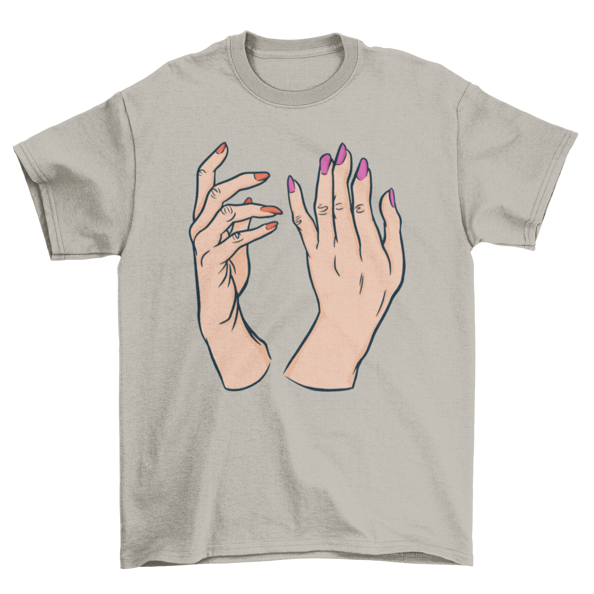 A stylish t-shirt featuring a graphic of two hands with red and pink nail polish, showcasing a trendy nail art design.