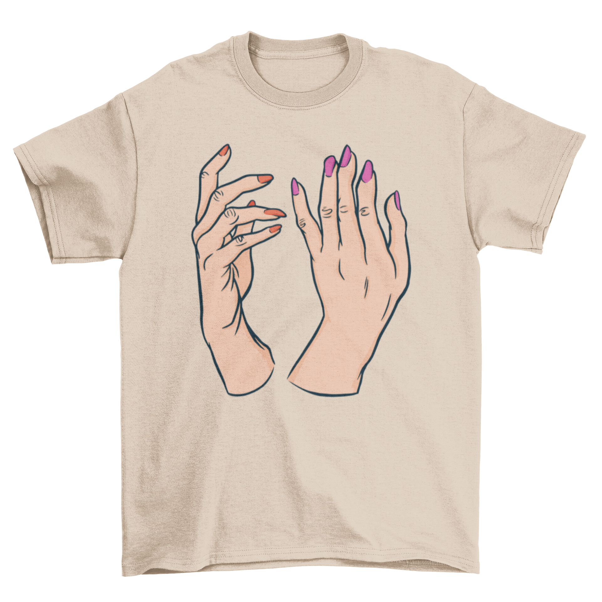 A stylish t-shirt featuring a graphic of two hands with red and pink nail polish, showcasing a trendy nail art design.