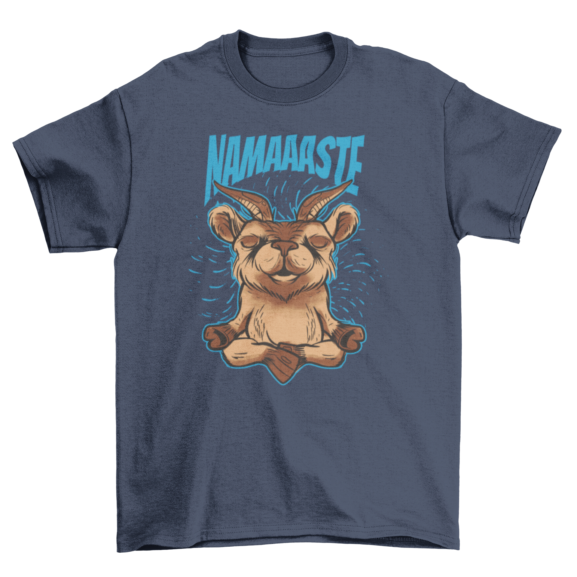 Namaste yoga goat t-shirt featuring a goat meditating with the quote 'Namaste' in a stylish design.