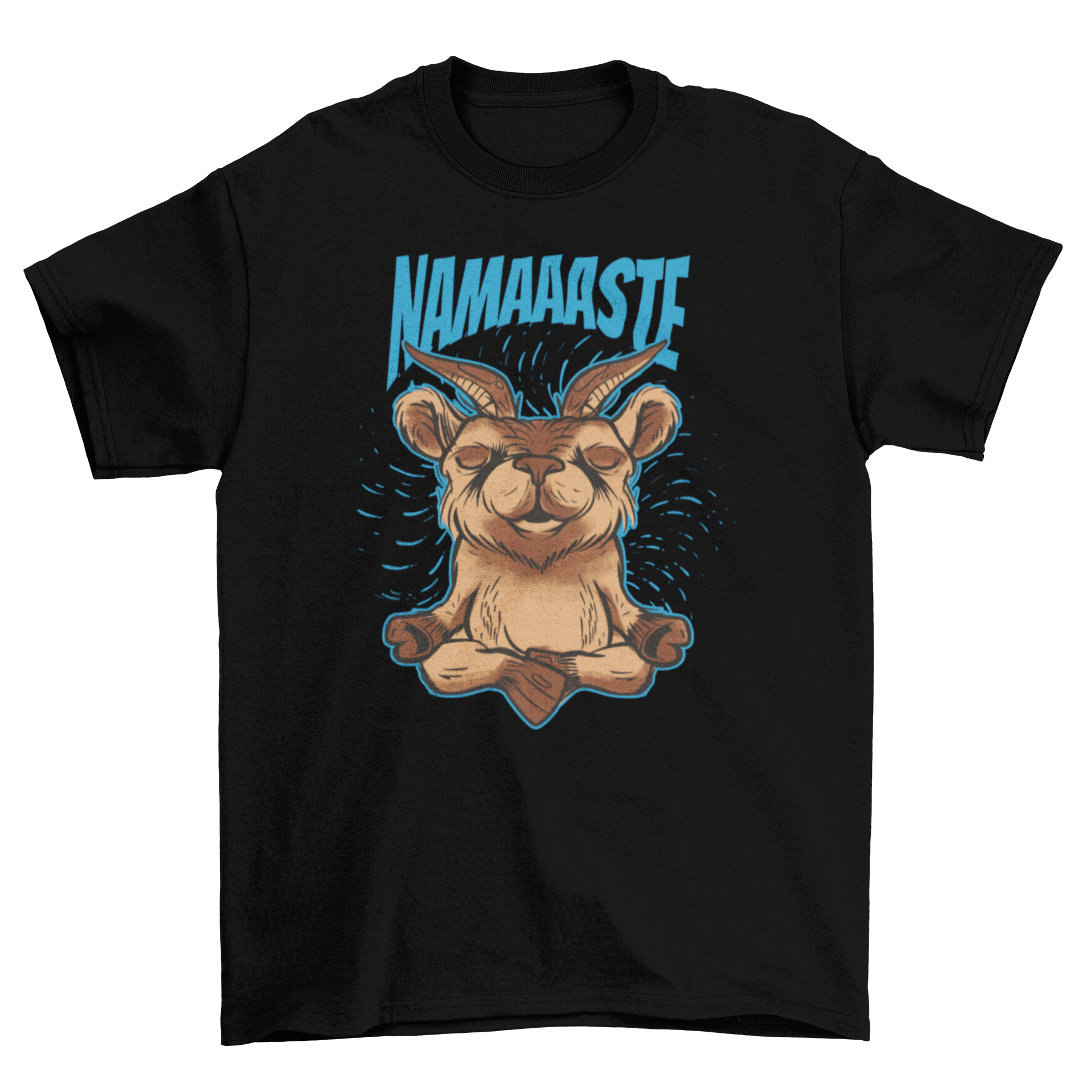 Namaste yoga goat t-shirt featuring a goat meditating with the quote 'Namaste' in a stylish design.