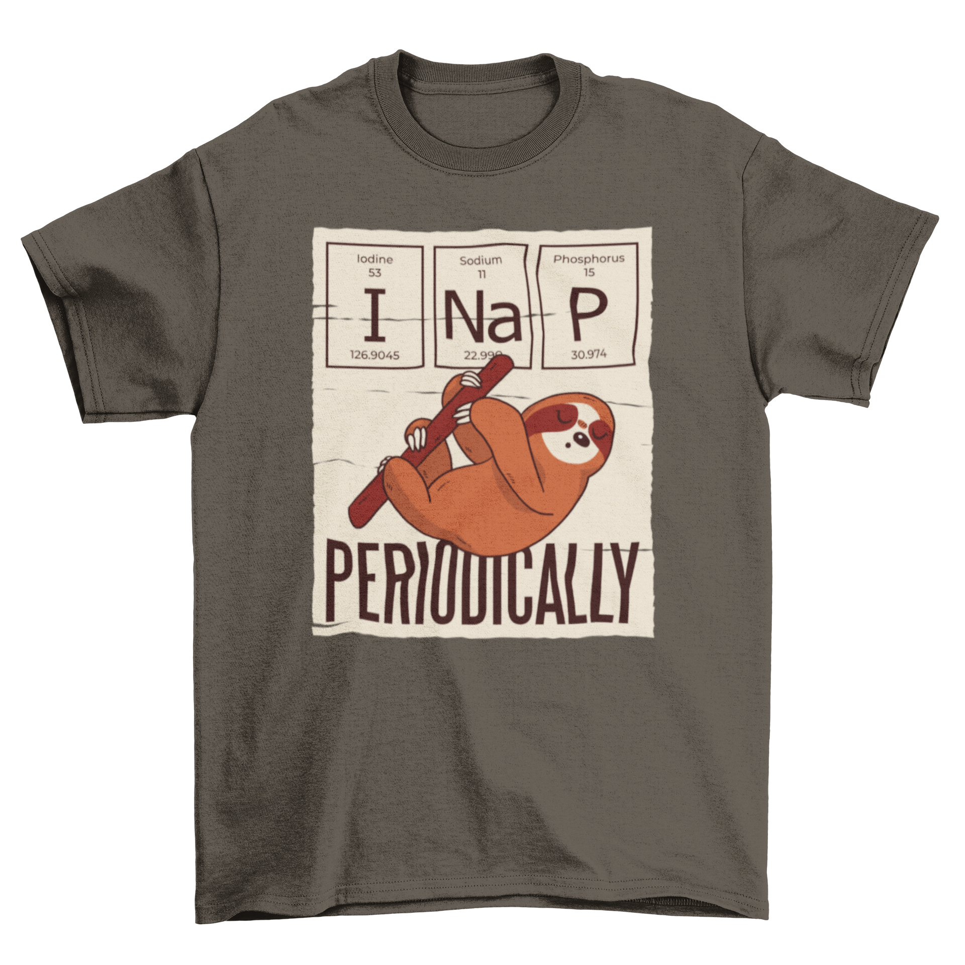 A humorous t-shirt featuring a sloth illustration with the caption 'I nap periodically', perfect for sloth lovers.