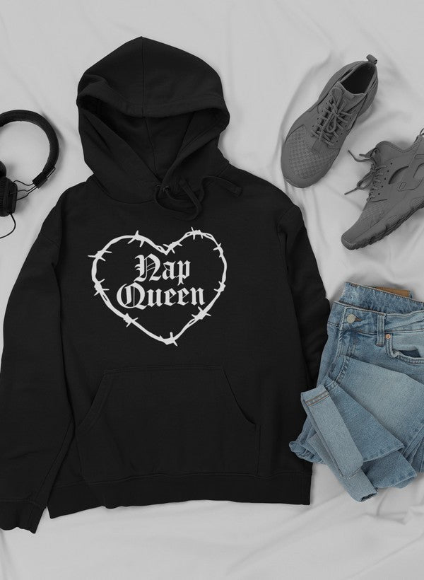 Nap Queen Hoodie featuring a cozy fleece lining and adjustable hood, designed by top artists for stylish comfort.