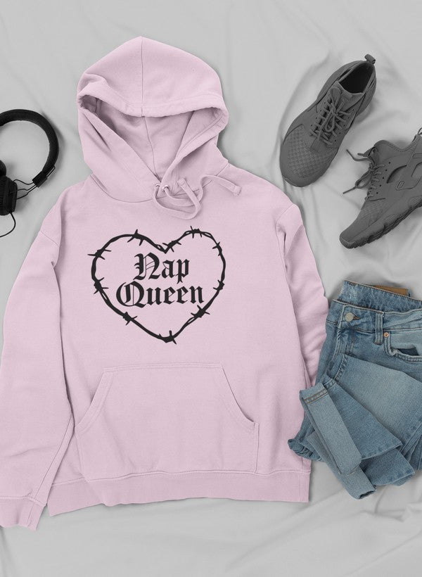 Nap Queen Hoodie featuring a cozy fleece lining and adjustable hood, designed by top artists for stylish comfort.