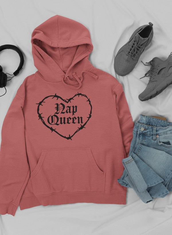 Nap Queen Hoodie featuring a cozy fleece lining and adjustable hood, designed by top artists for stylish comfort.