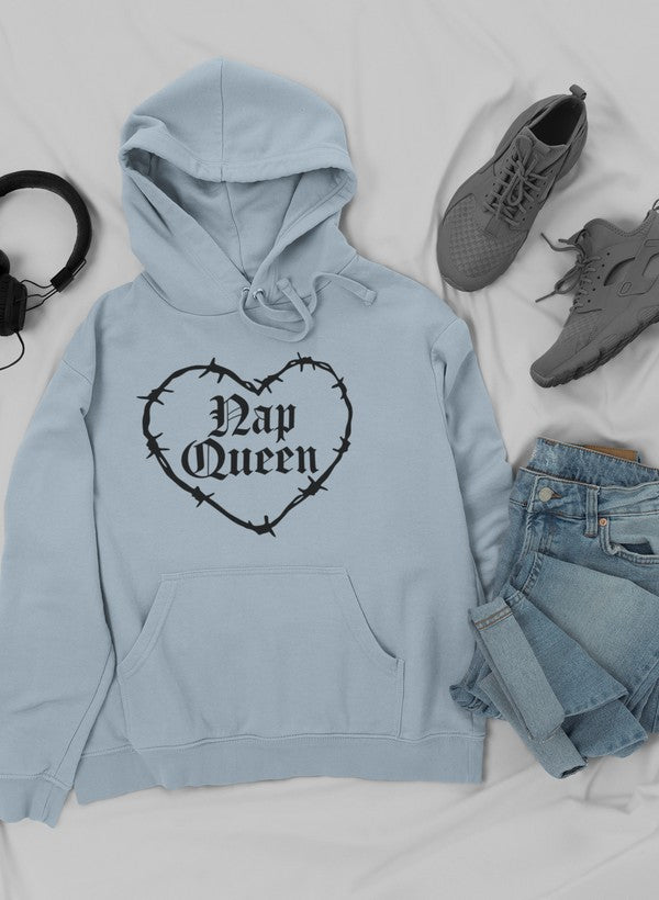 Nap Queen Hoodie featuring a cozy fleece lining and adjustable hood, designed by top artists for stylish comfort.