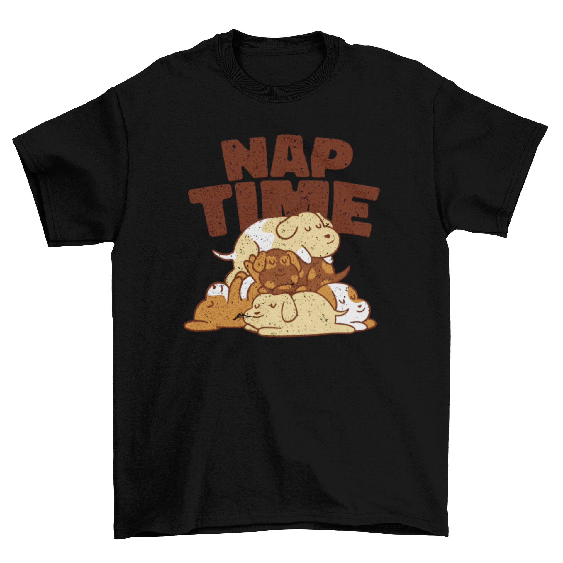 A cartoon-style t-shirt featuring a pile of cute, sleeping dogs in various colors and breeds, perfect for dog lovers.