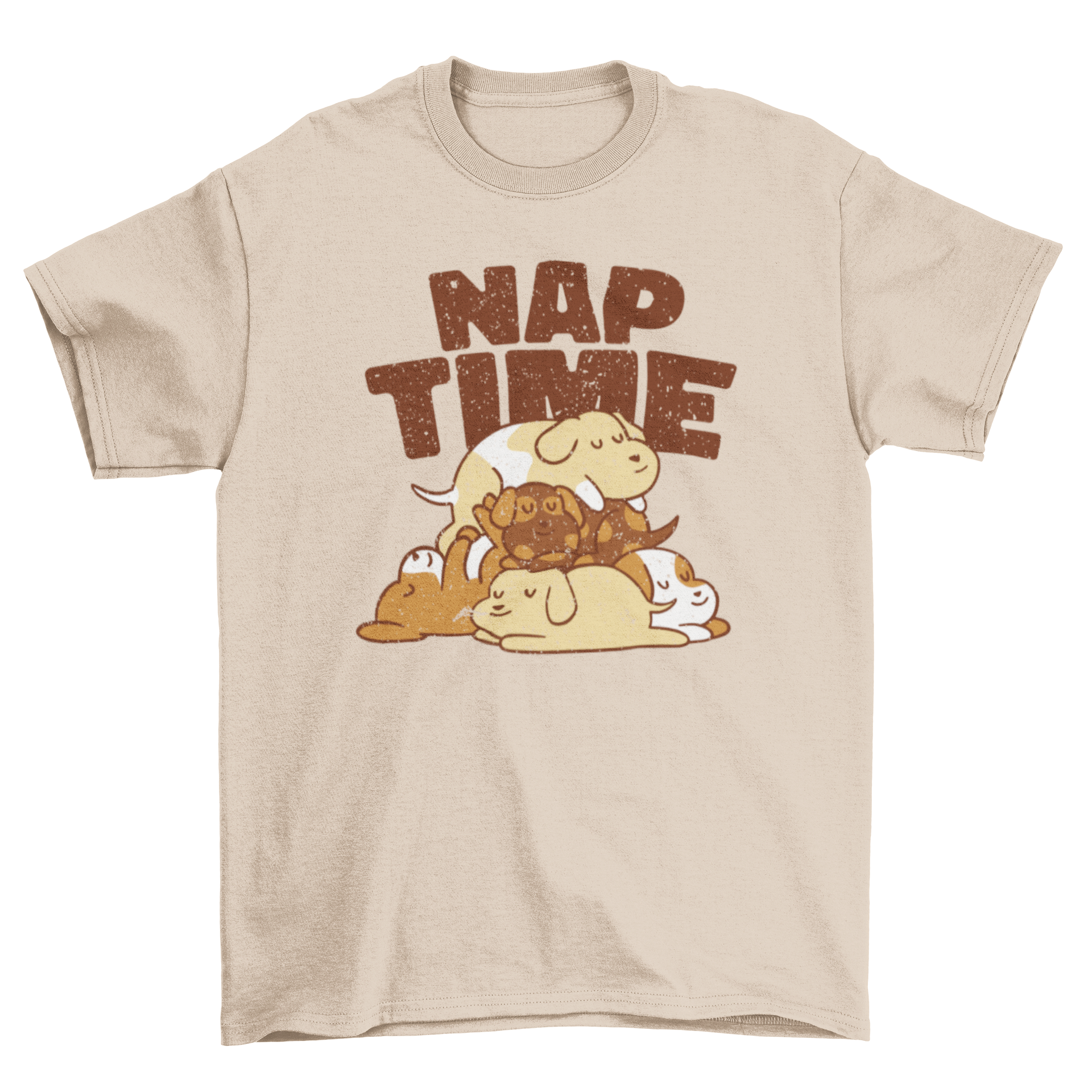 A cartoon-style t-shirt featuring a pile of cute, sleeping dogs in various colors and breeds, perfect for dog lovers.