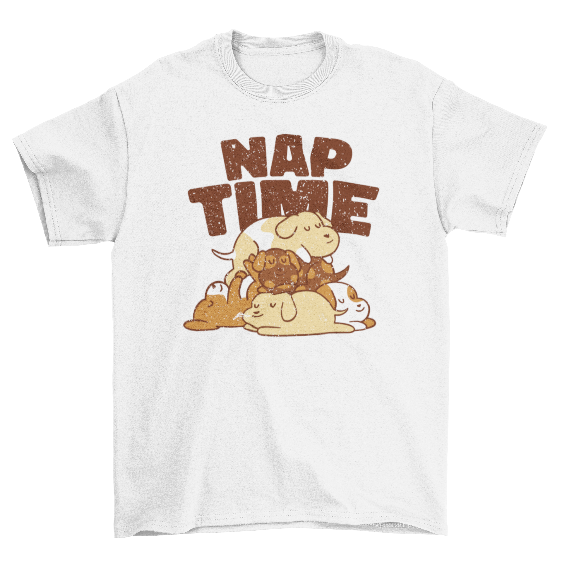 A cartoon-style t-shirt featuring a pile of cute, sleeping dogs in various colors and breeds, perfect for dog lovers.