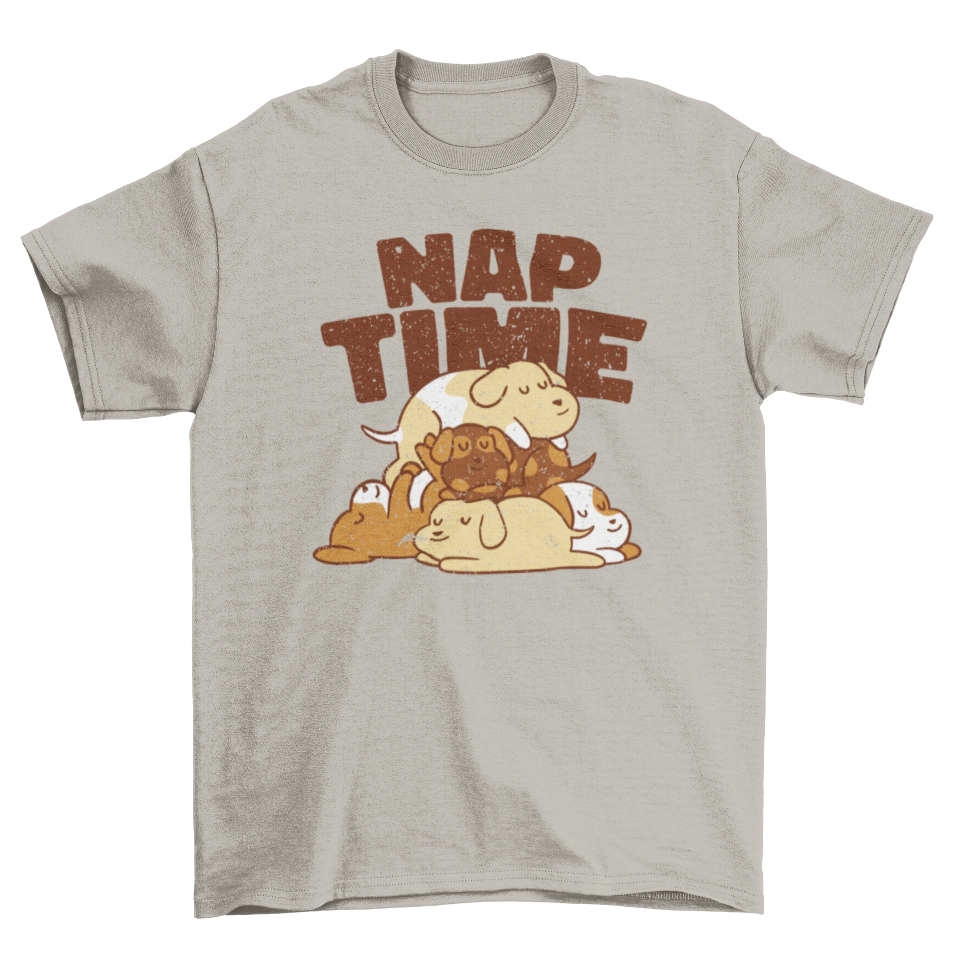 A cartoon-style t-shirt featuring a pile of cute, sleeping dogs in various colors and breeds, perfect for dog lovers.