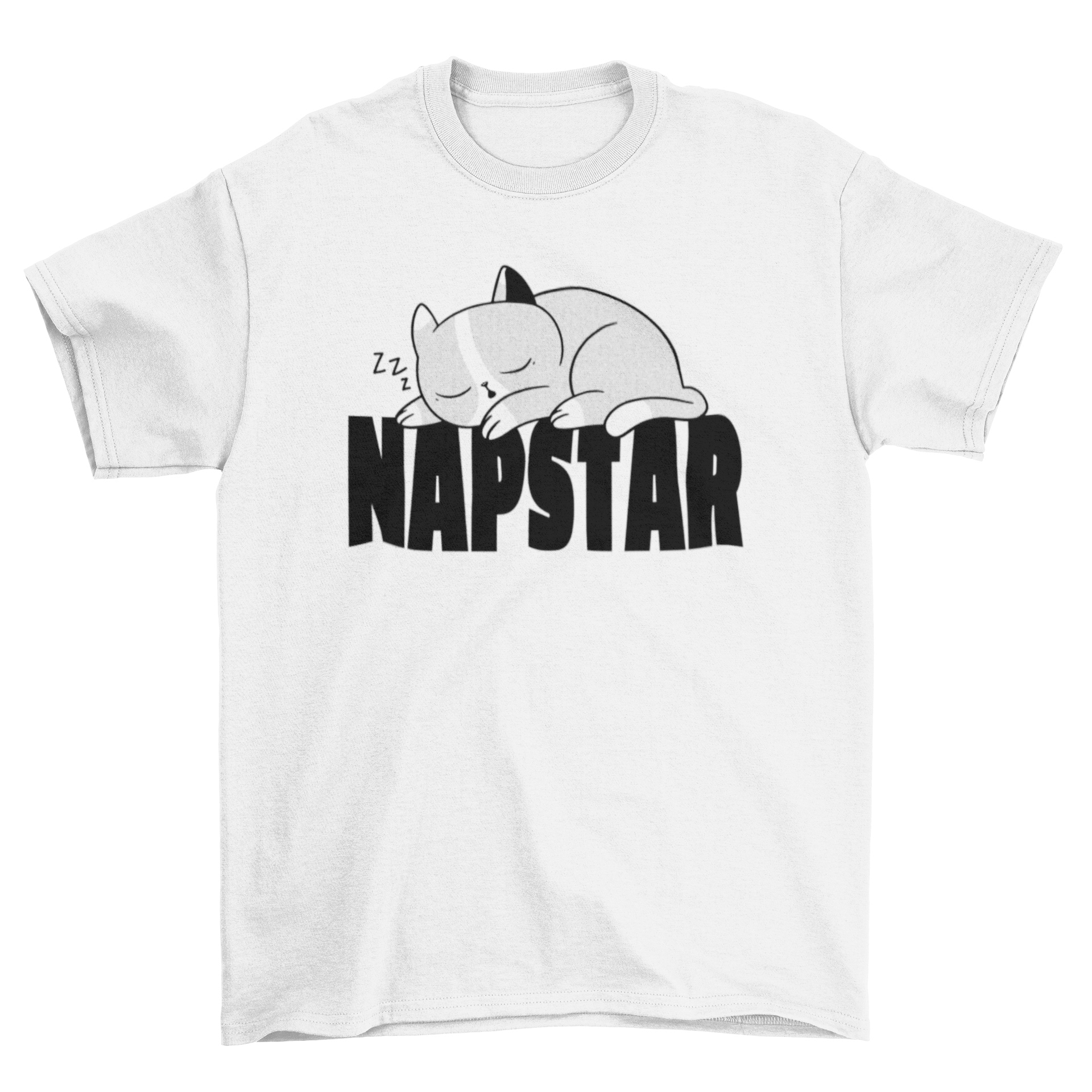 Napstar cat t-shirt featuring a cute sleeping cat design with the text 'Napstar'.