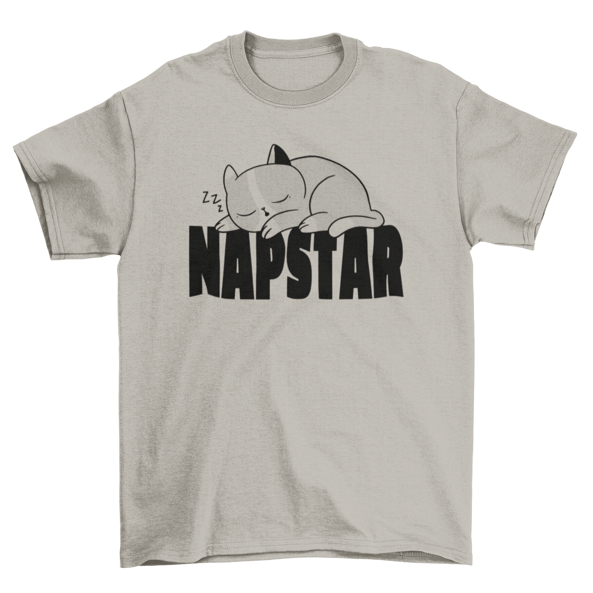 Napstar cat t-shirt featuring a cute sleeping cat design with the text 'Napstar'.