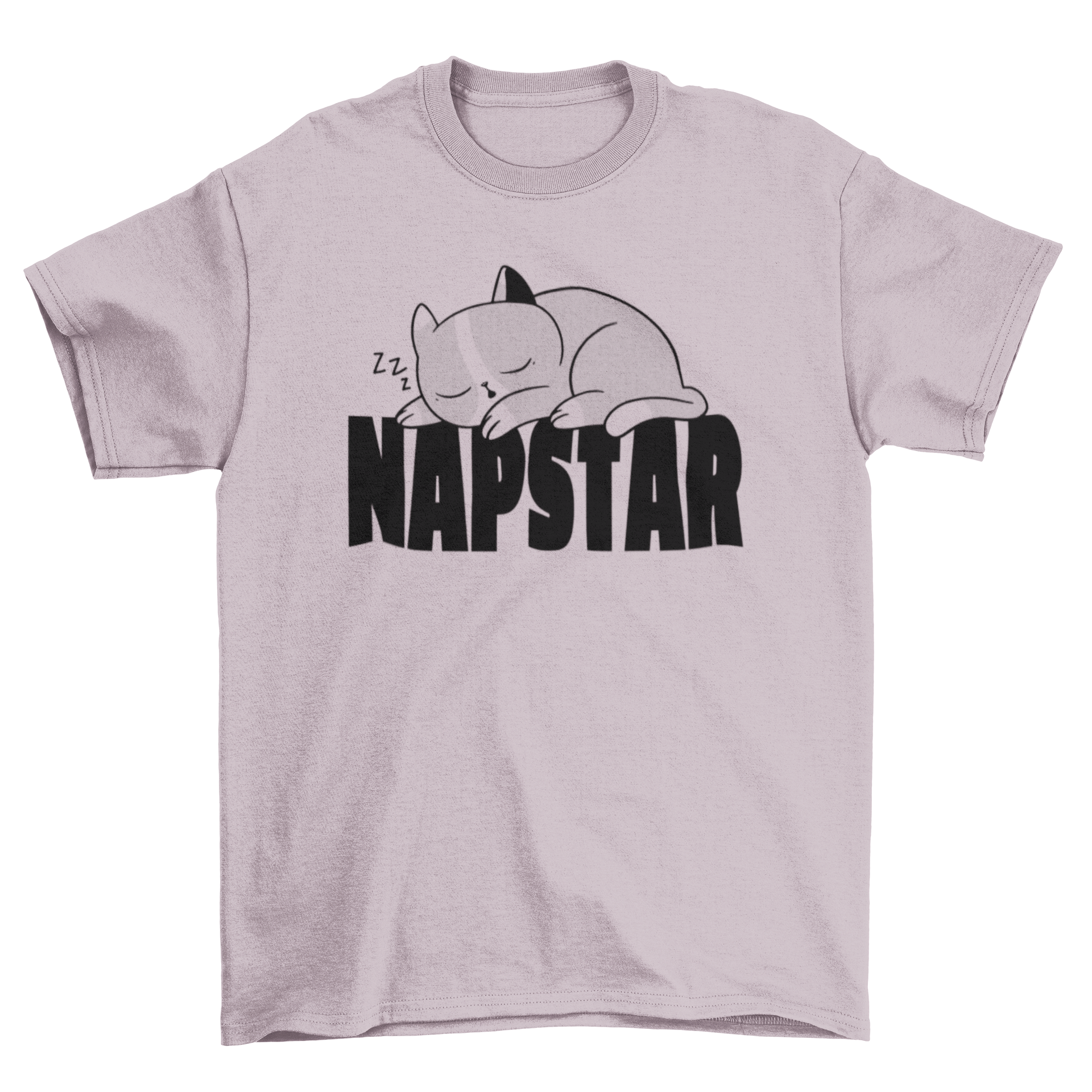 Napstar cat t-shirt featuring a cute sleeping cat design with the text 'Napstar'.