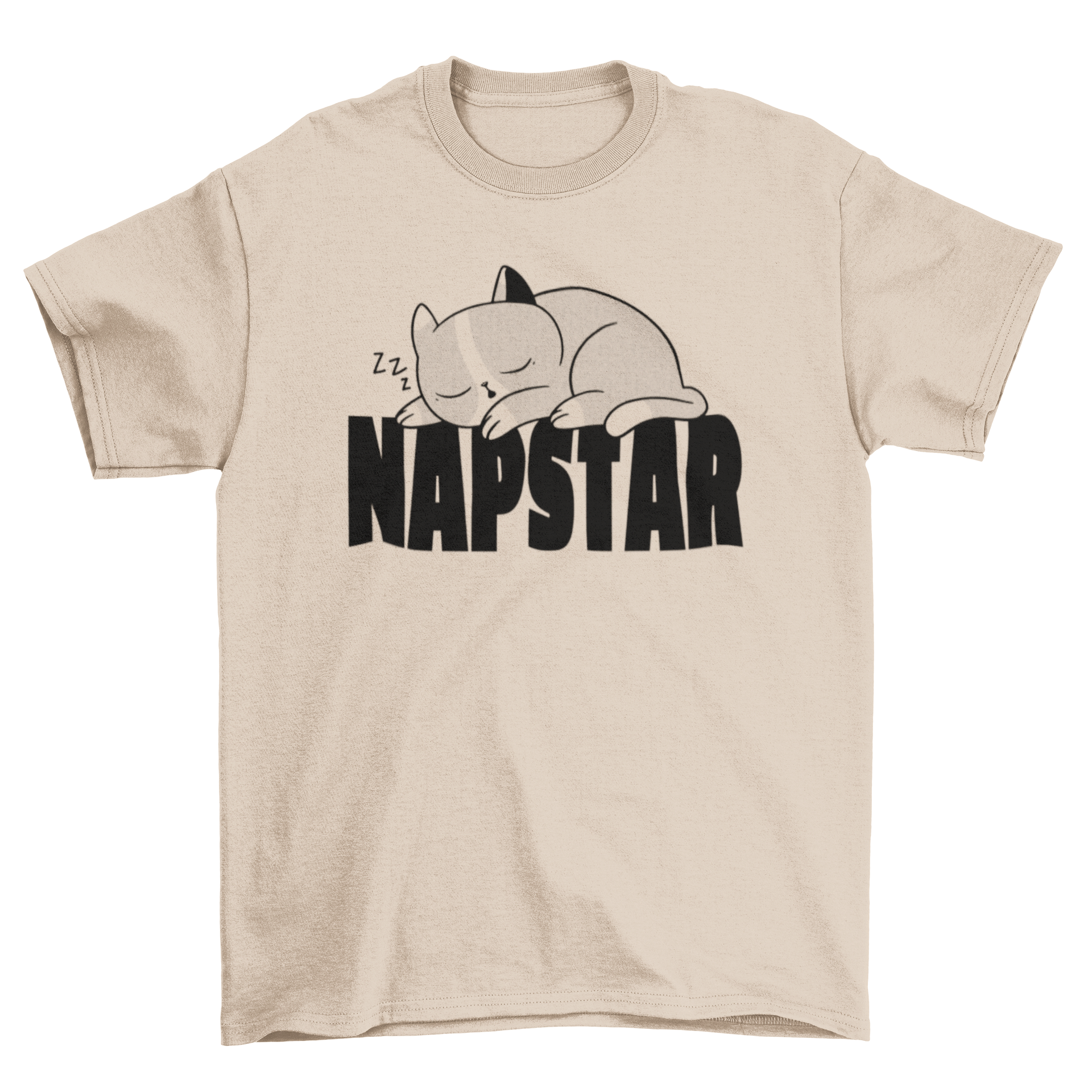 Napstar cat t-shirt featuring a cute sleeping cat design with the text 'Napstar'.