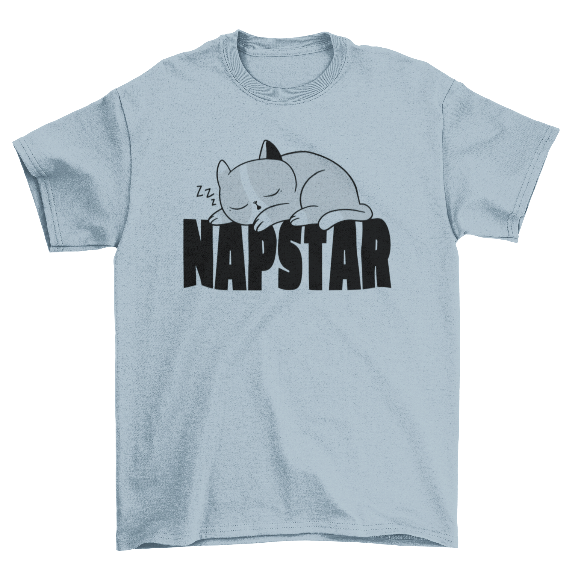 Napstar cat t-shirt featuring a cute sleeping cat design with the text 'Napstar'.