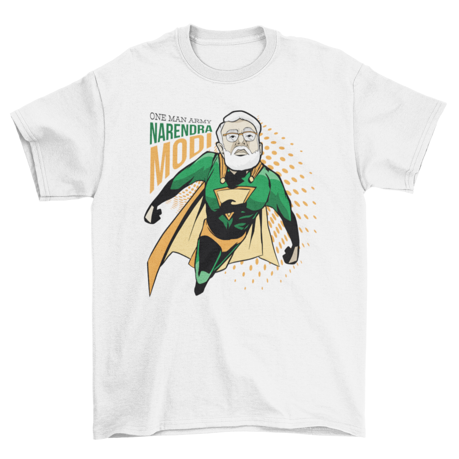 Narendra Modi superhero t-shirt featuring a vibrant illustration and 'One man army' caption.