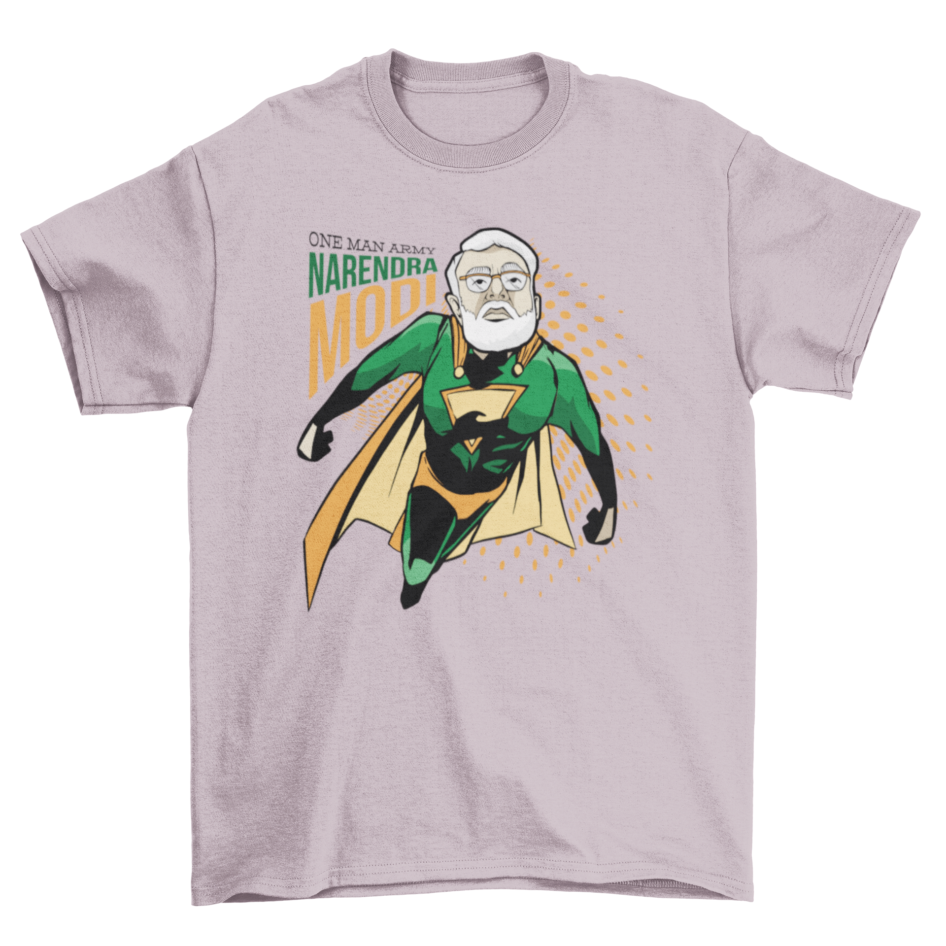 Narendra Modi superhero t-shirt featuring a vibrant illustration and 'One man army' caption.