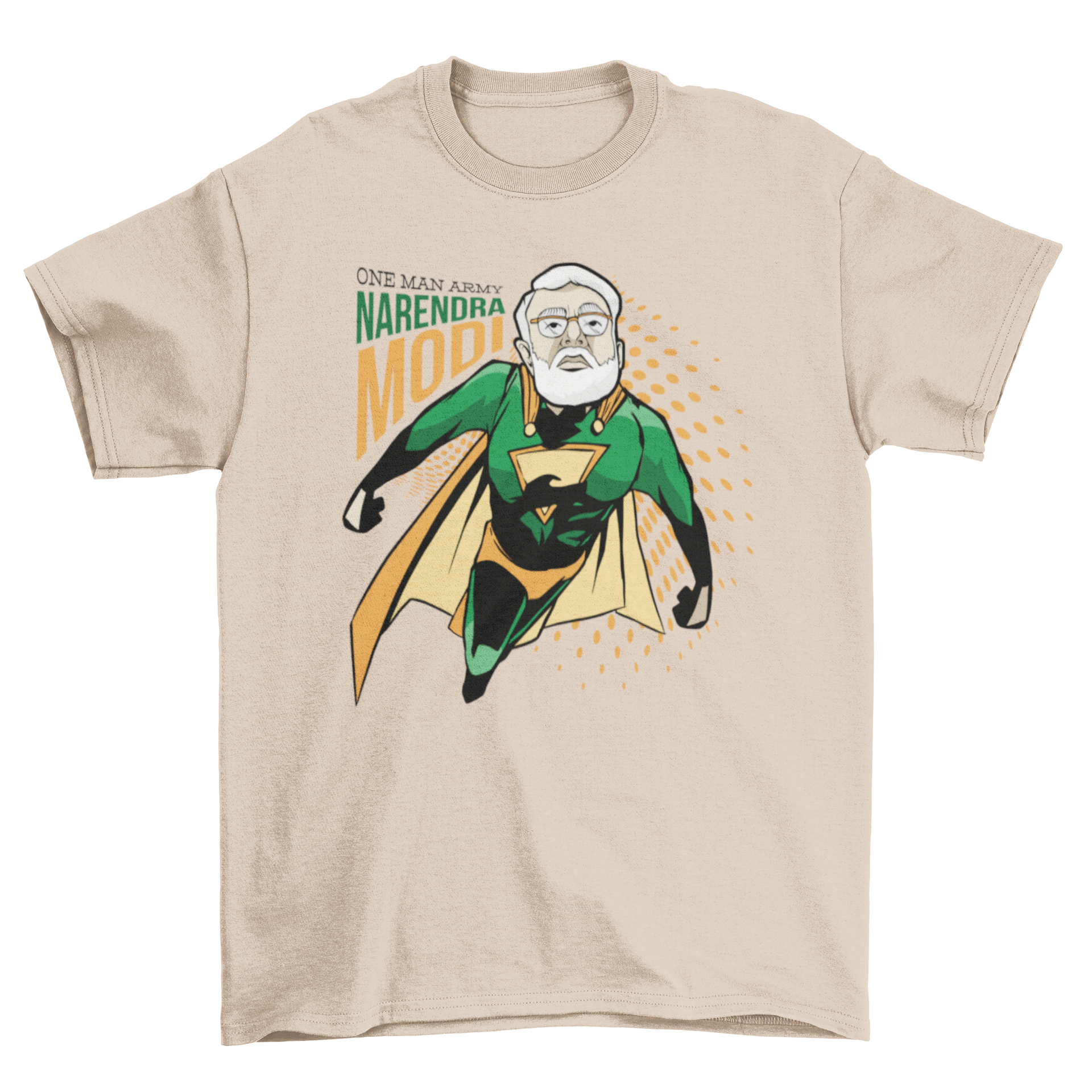 Narendra Modi superhero t-shirt featuring a vibrant illustration and 'One man army' caption.