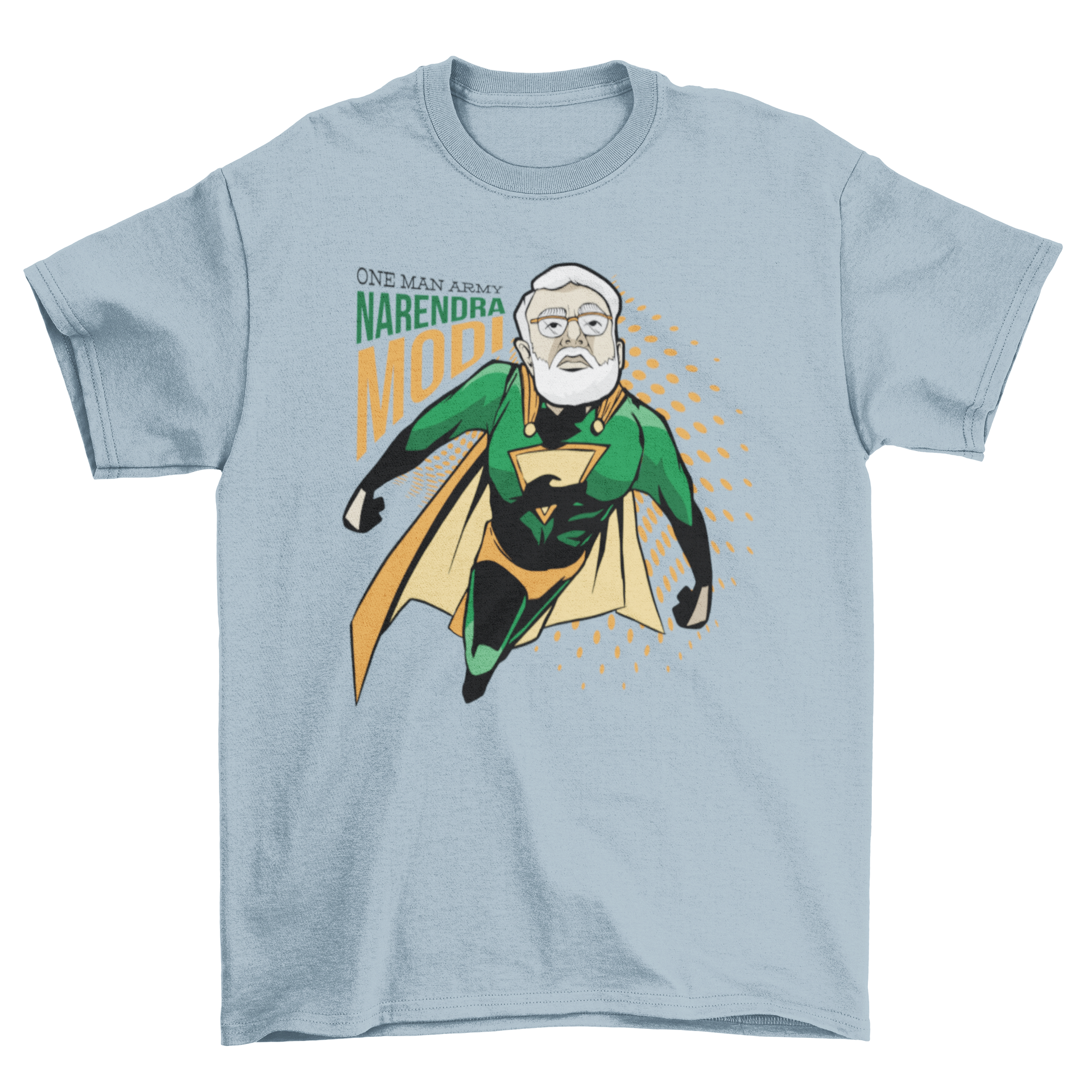 Narendra Modi superhero t-shirt featuring a vibrant illustration and 'One man army' caption.