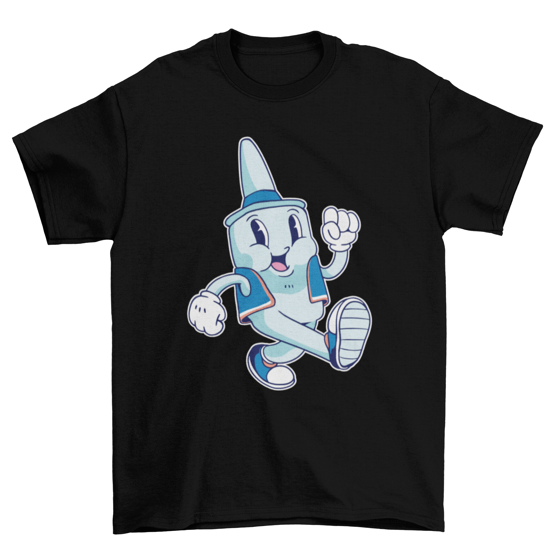 A humorous t-shirt featuring a cartoon nasal spray character walking, showcasing a fun and unique design.