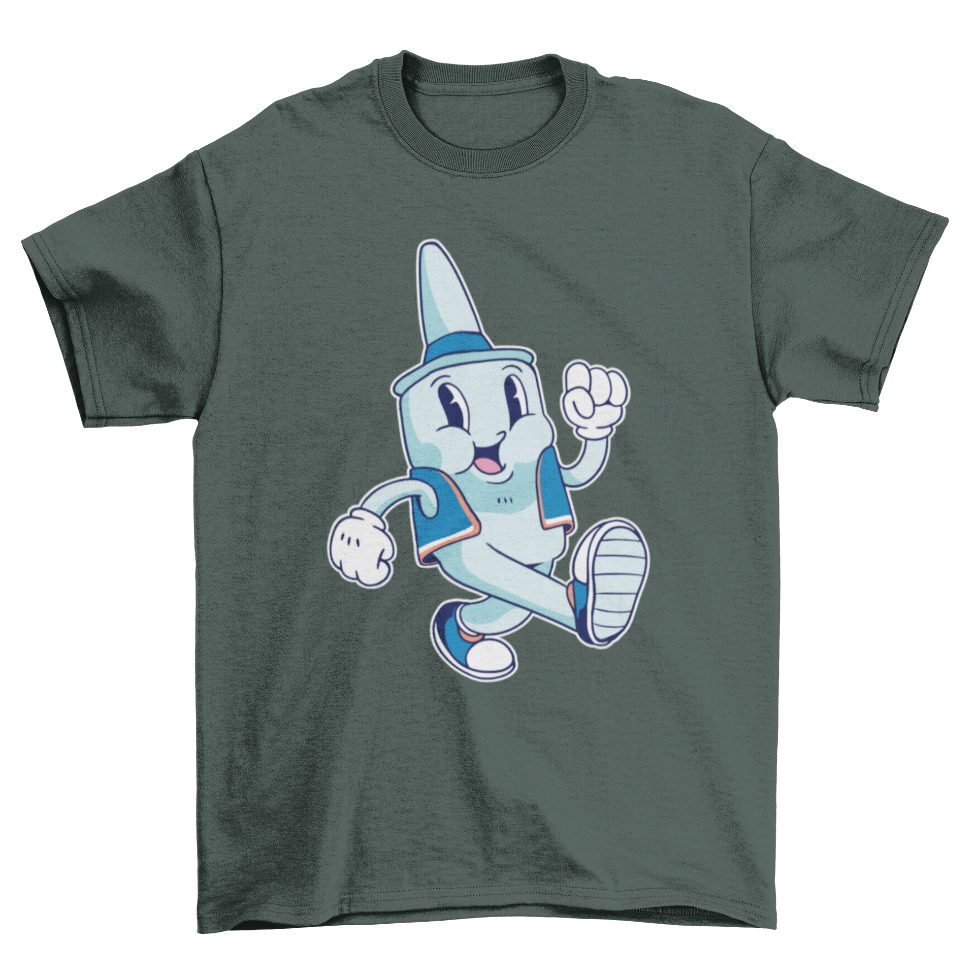 A humorous t-shirt featuring a cartoon nasal spray character walking, showcasing a fun and unique design.