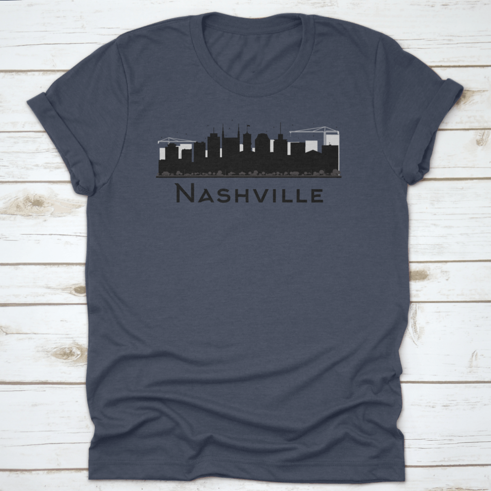 Black and white silhouette of Nashville city skyline, showcasing iconic buildings and structures in a stylish design.