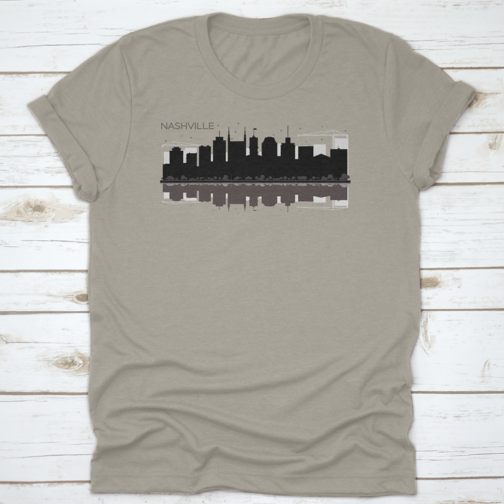 Black and white silhouette vector of Nashville Tennessee city skyline, showcasing iconic buildings and structures.