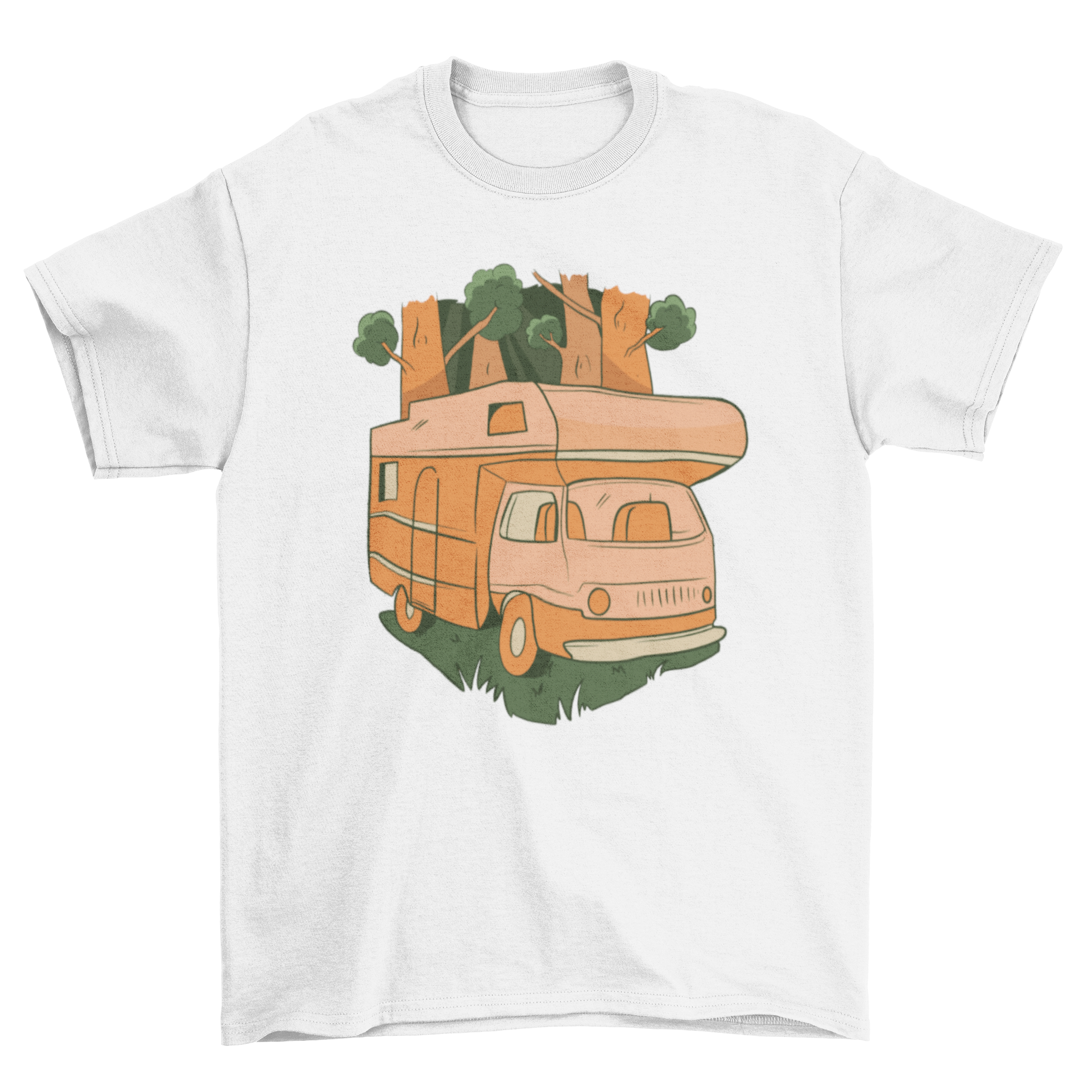 Nature Caravan T-shirt featuring a caravan design amidst lush woods, perfect for outdoor enthusiasts.