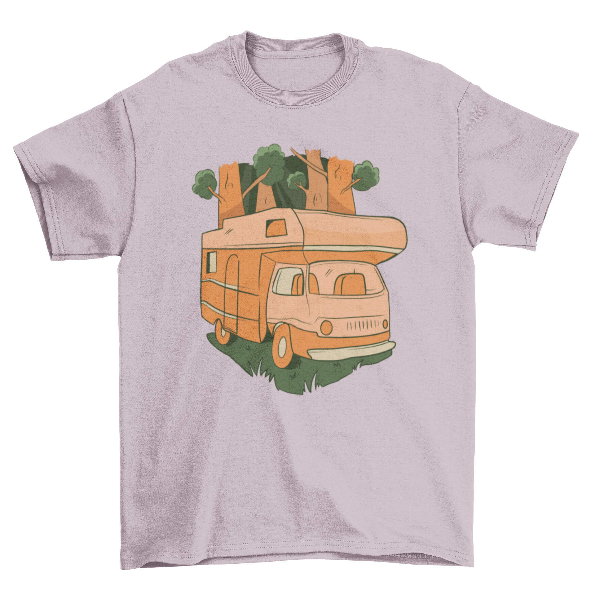 Nature Caravan T-shirt featuring a caravan design amidst lush woods, perfect for outdoor enthusiasts.