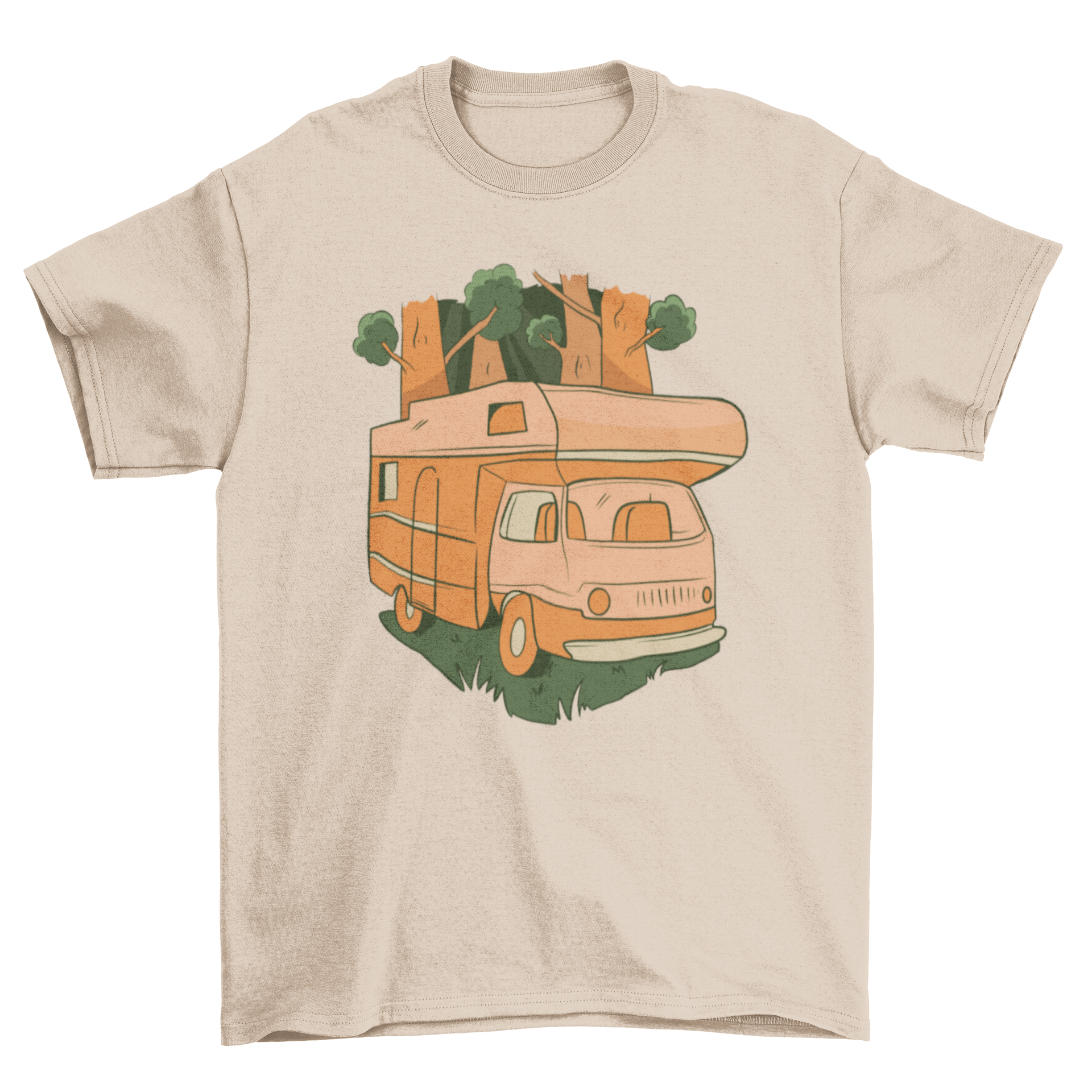 Nature Caravan T-shirt featuring a caravan design amidst lush woods, perfect for outdoor enthusiasts.