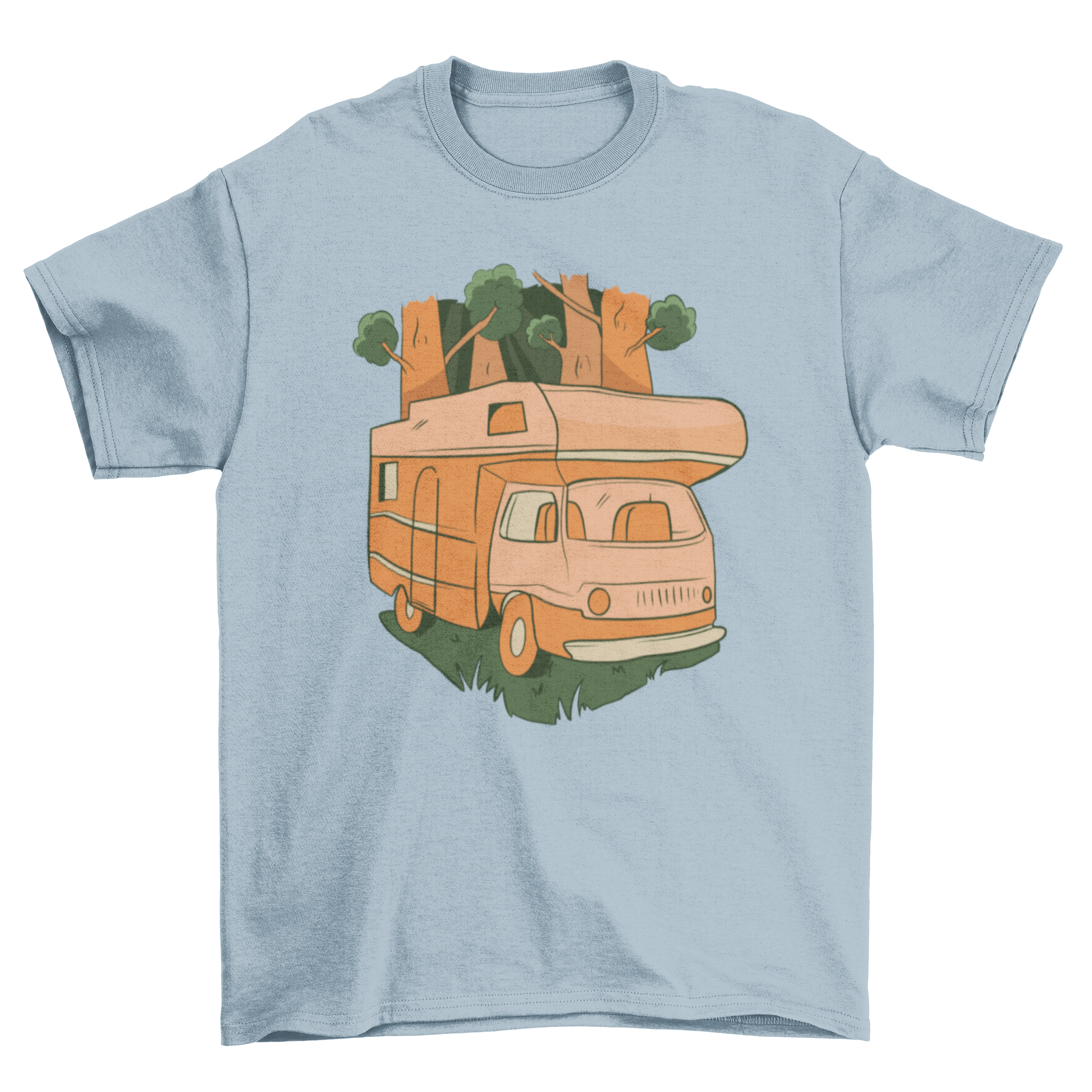 Nature Caravan T-shirt featuring a caravan design amidst lush woods, perfect for outdoor enthusiasts.