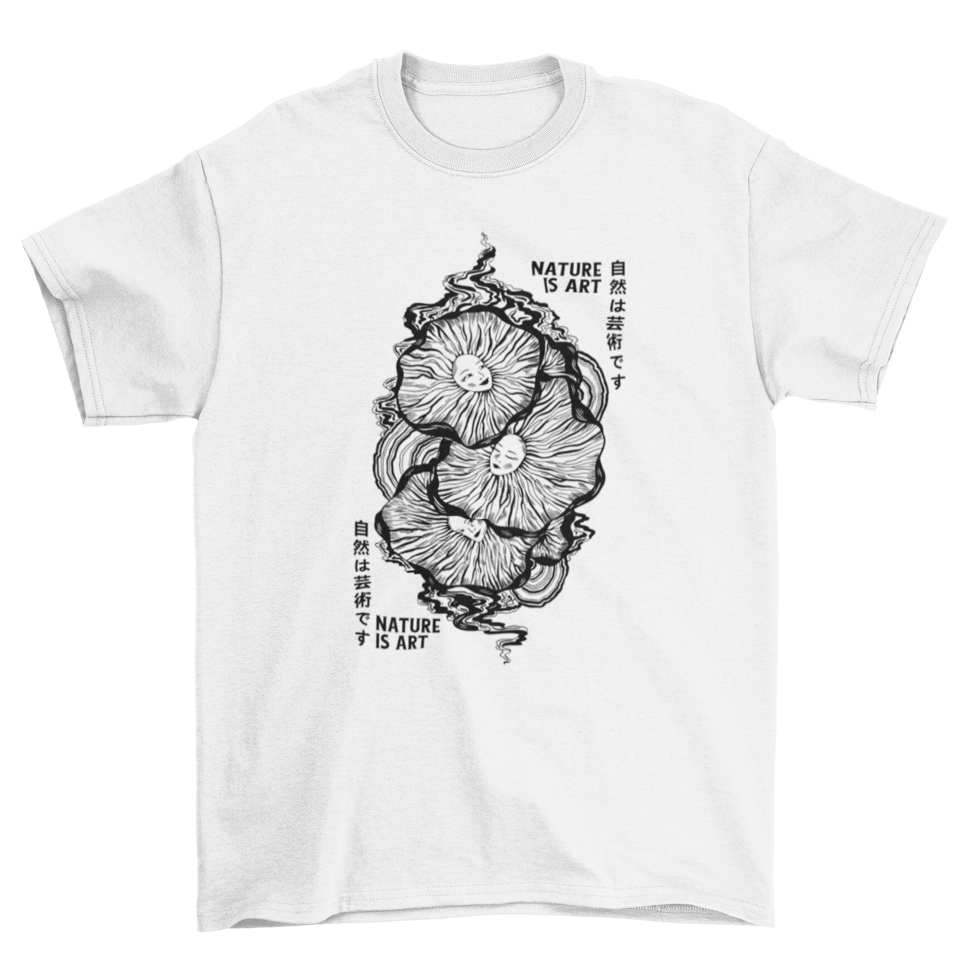 Nature is Art mushroom t-shirt featuring three mushrooms with women's faces and the quote 'Nature is art' in vibrant colors.