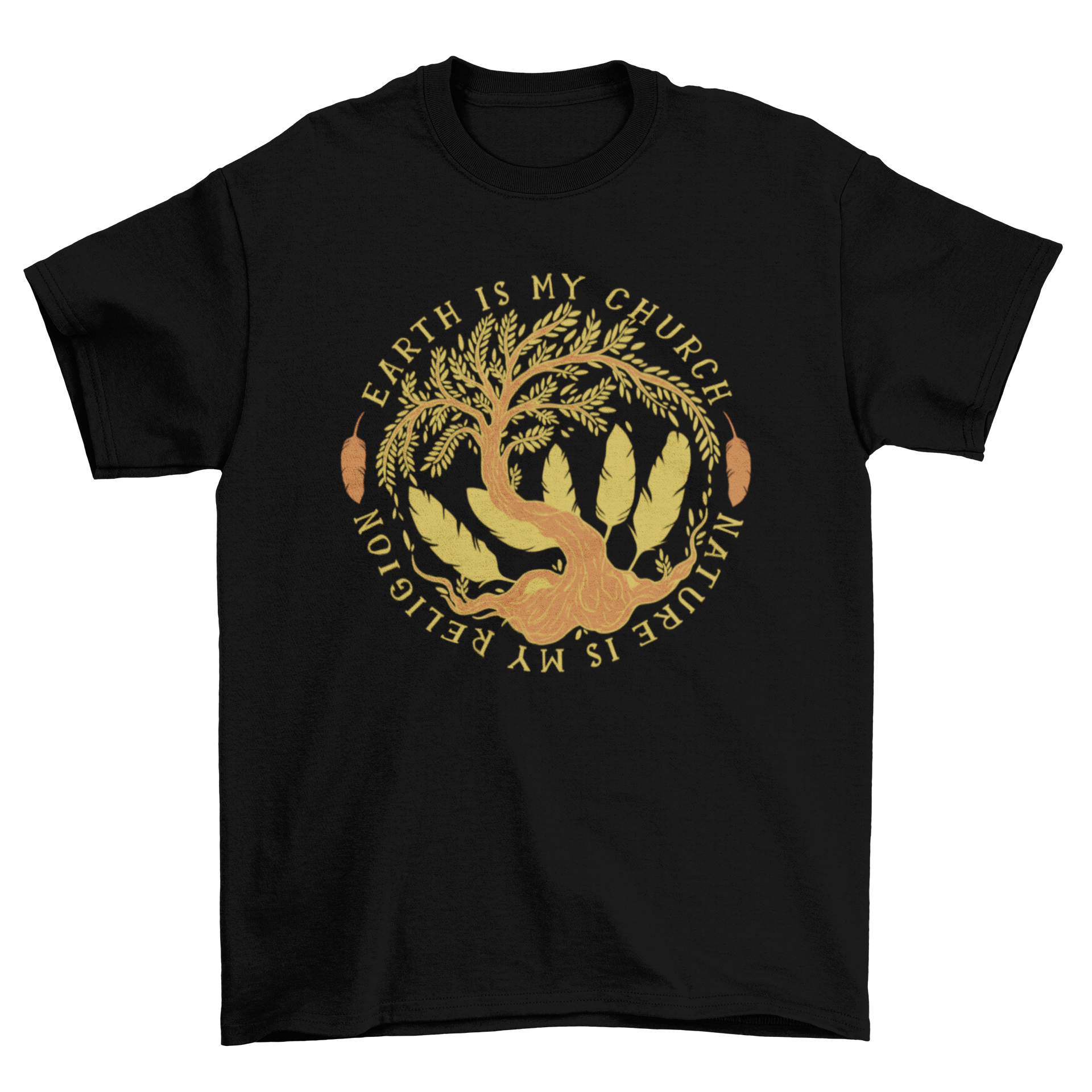 Nature Quote T-Shirt featuring a tree illustration and feathers with the caption 'Earth is my church, nature my religion.'