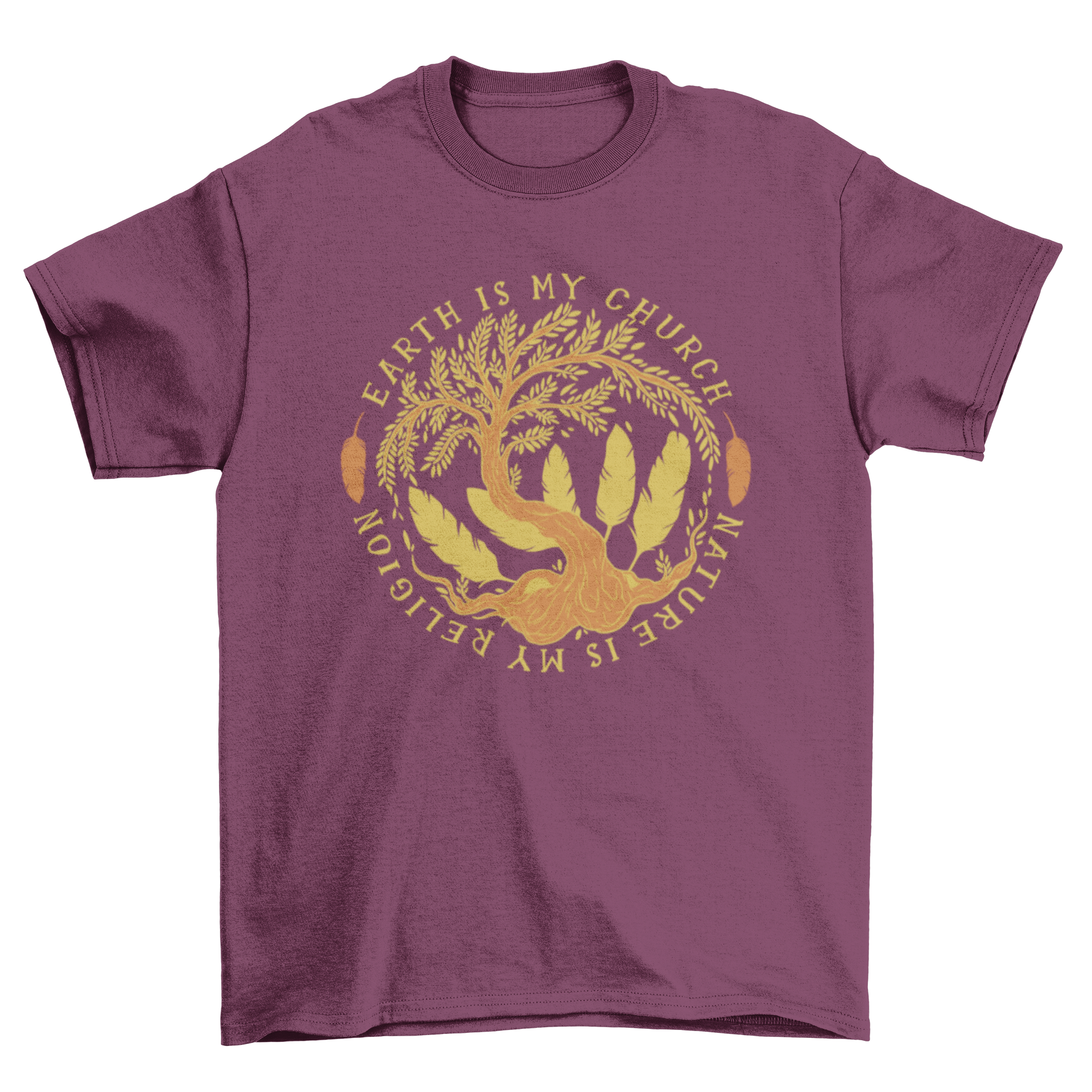 Nature Quote T-Shirt featuring a tree illustration and feathers with the caption 'Earth is my church, nature my religion.'