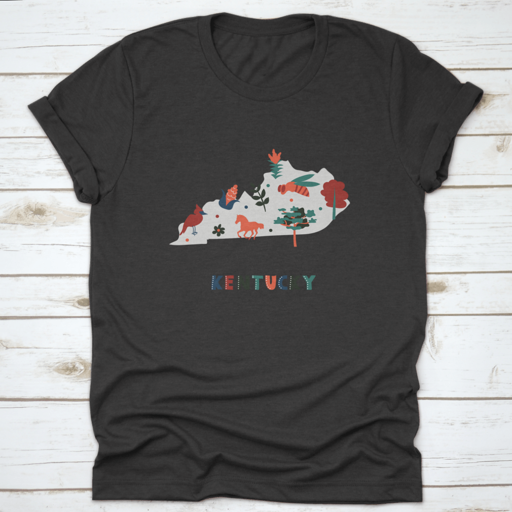 Nature Scenery T-shirt featuring colorful state symbols on a gray silhouette, showcasing vibrant designs.