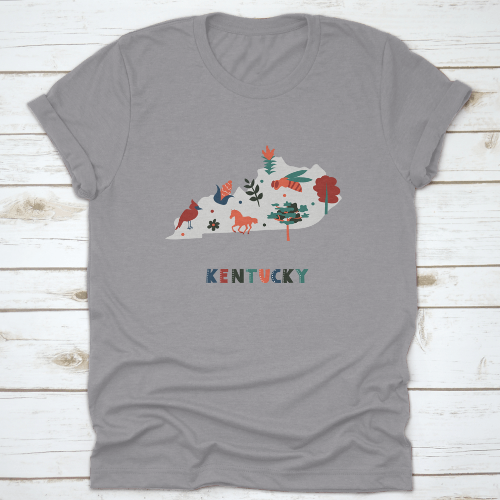 Nature Scenery T-shirt featuring colorful state symbols on a gray silhouette, showcasing vibrant designs.