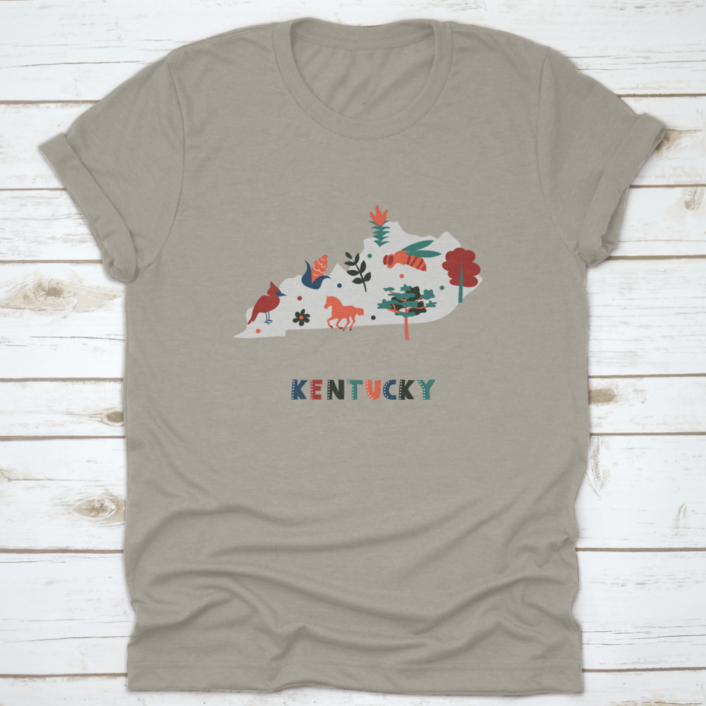 Nature Scenery T-shirt featuring colorful state symbols on a gray silhouette, showcasing vibrant designs.